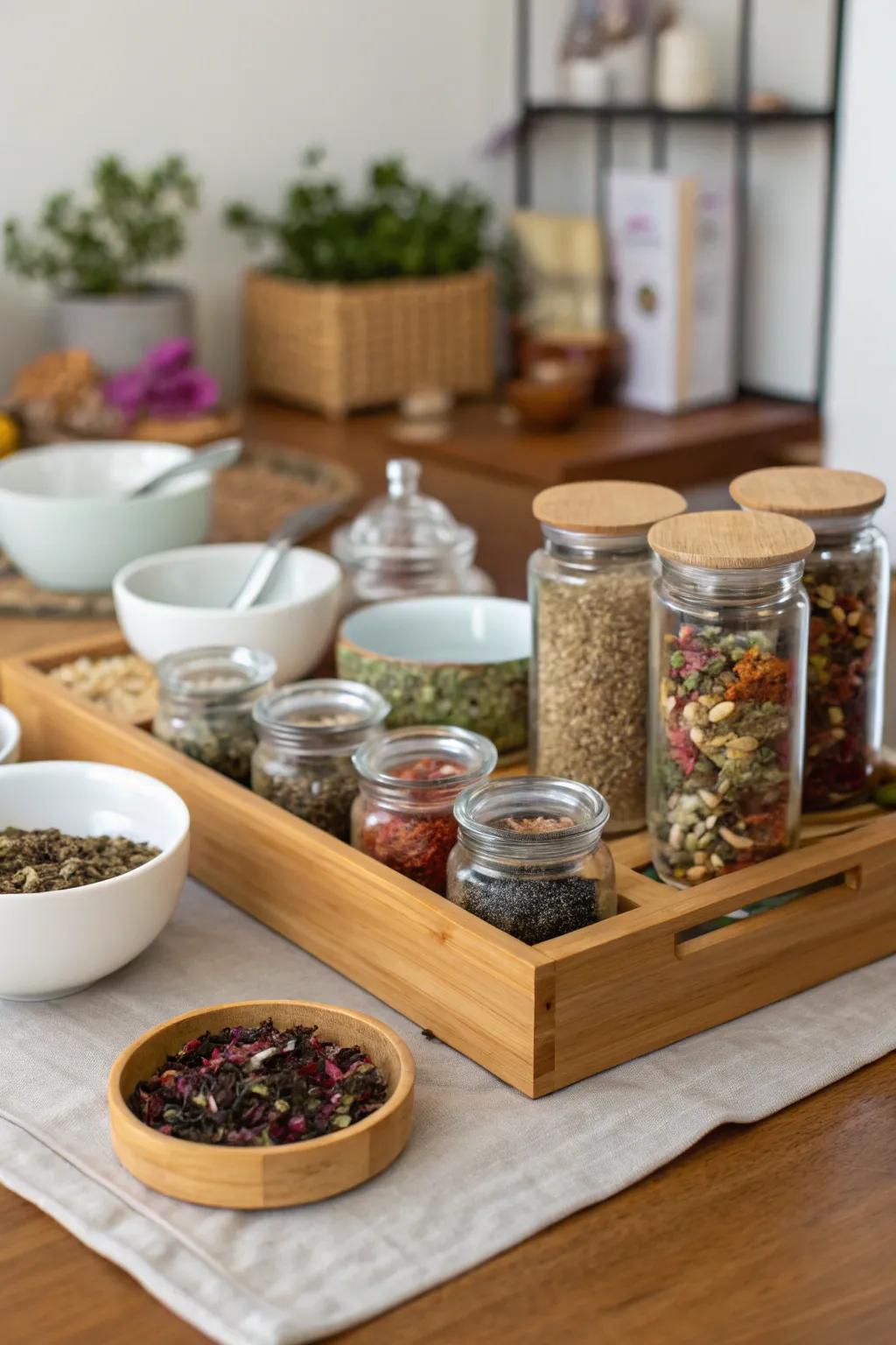 A personalized infusion mixing post for attendees to devise their individual infusion blends.