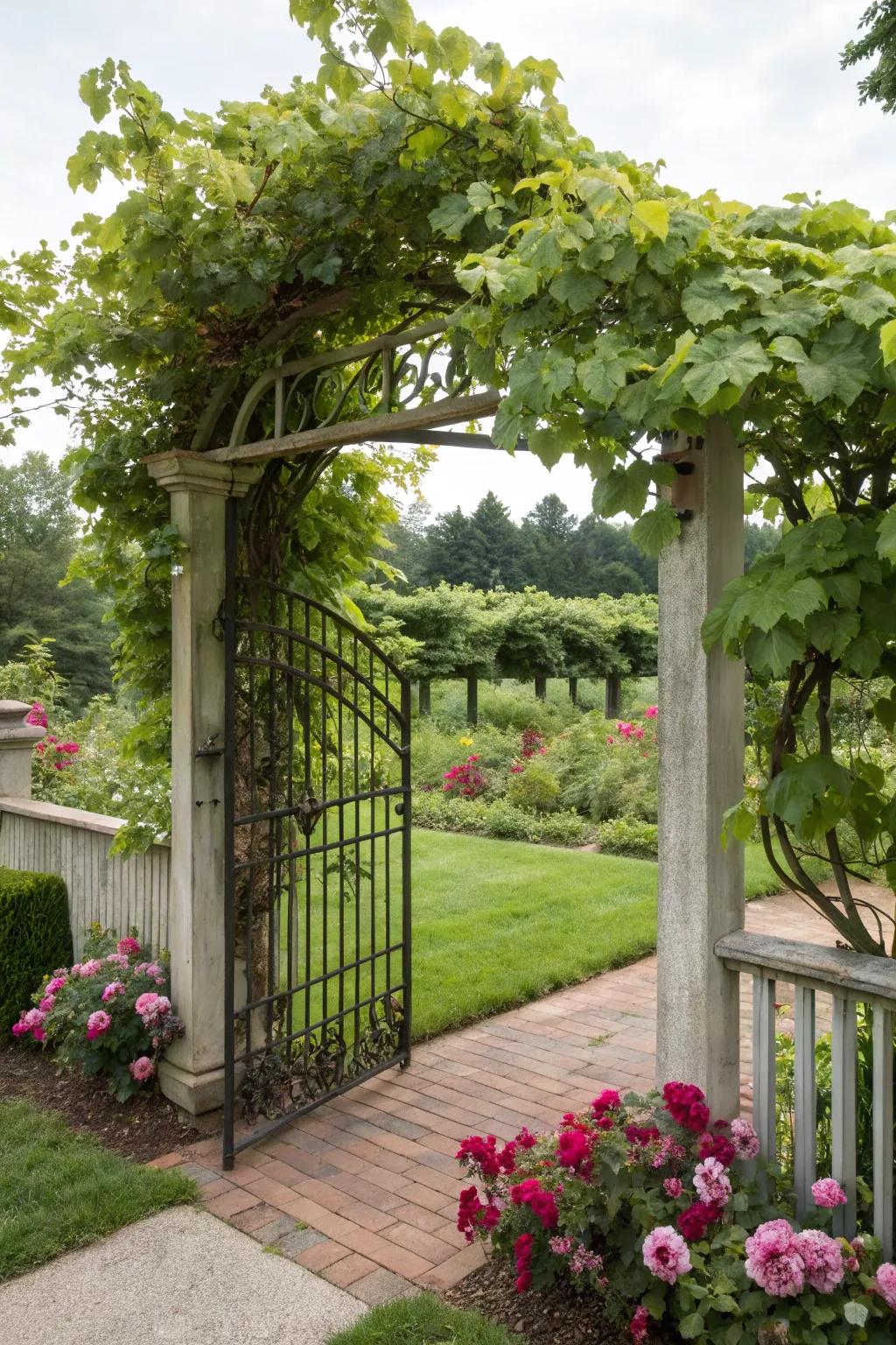 A trellised portal combining functionality and aesthetics.