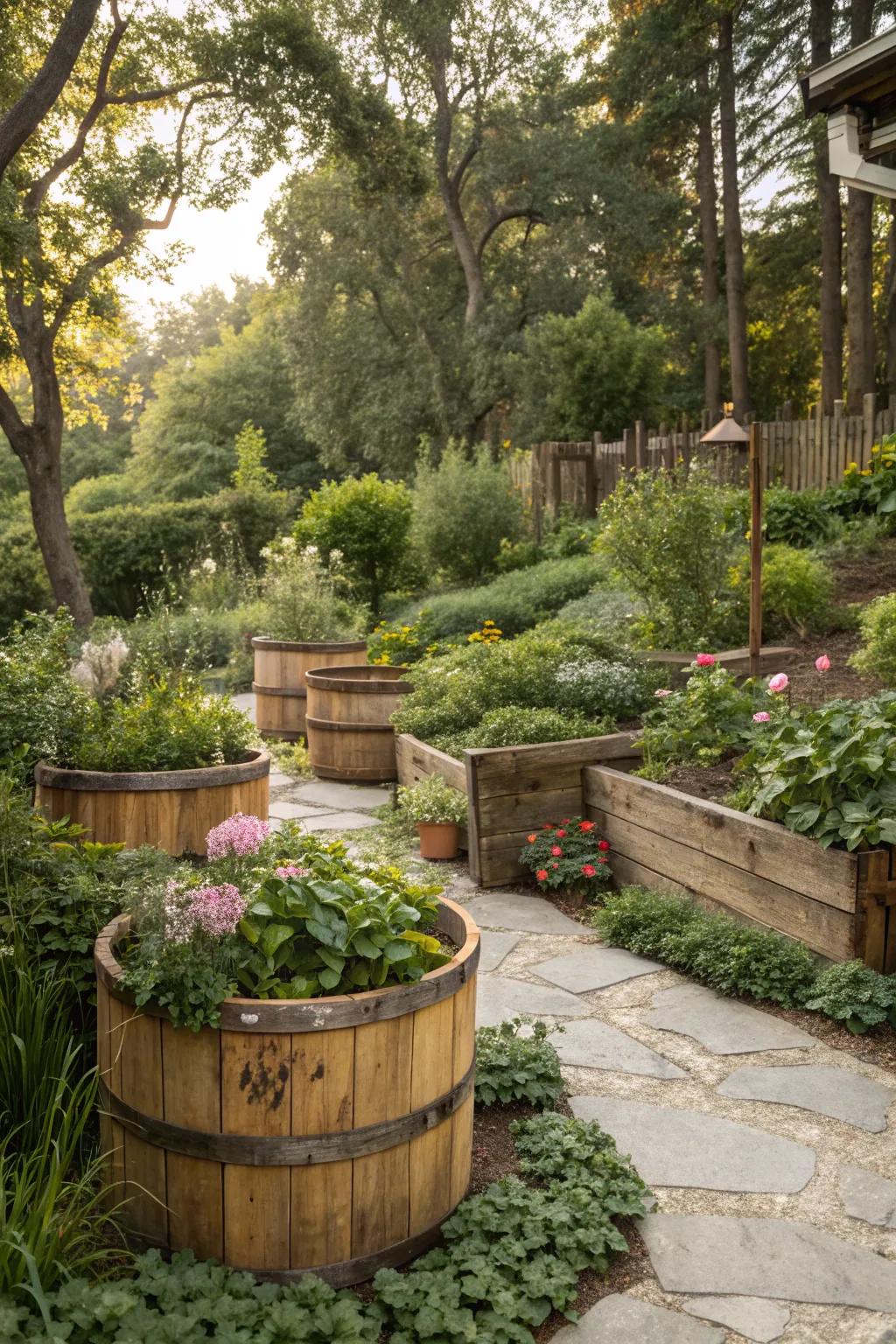 Rustic wooden planters enhance the garden’s natural charm.