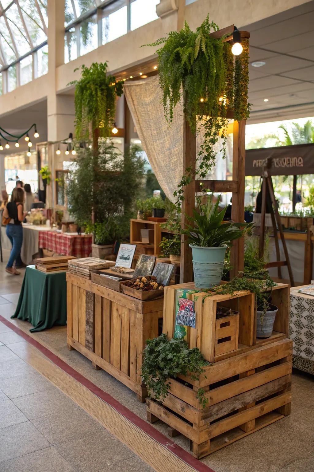 Environmentally sustainable booth layout employing recycled materials.