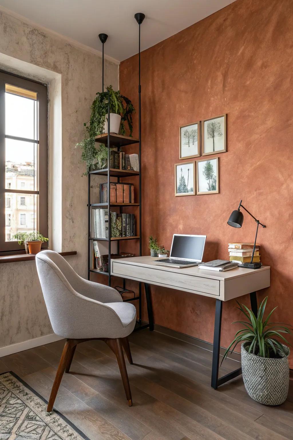 Improve focus through warm plaster tones in your personal workspace.