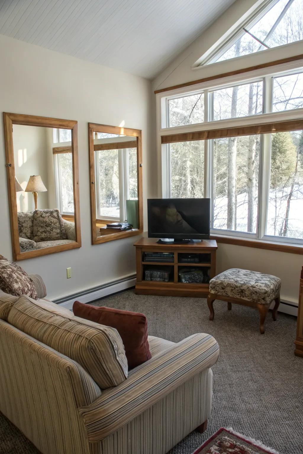 Natural illumination and mirrors establish a radiant and airy atmosphere