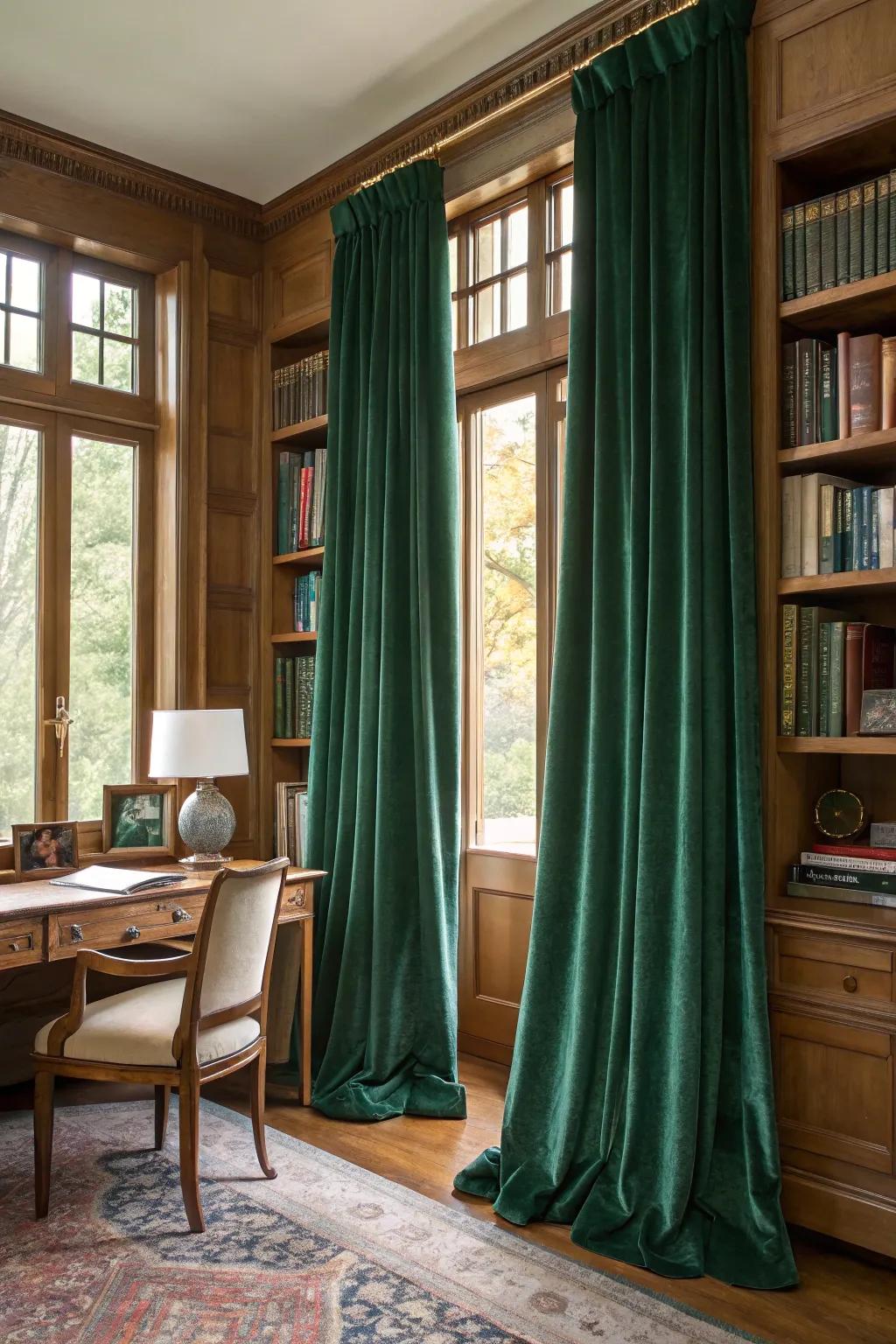Velvet window coverings radiate sophistication and grandeur.