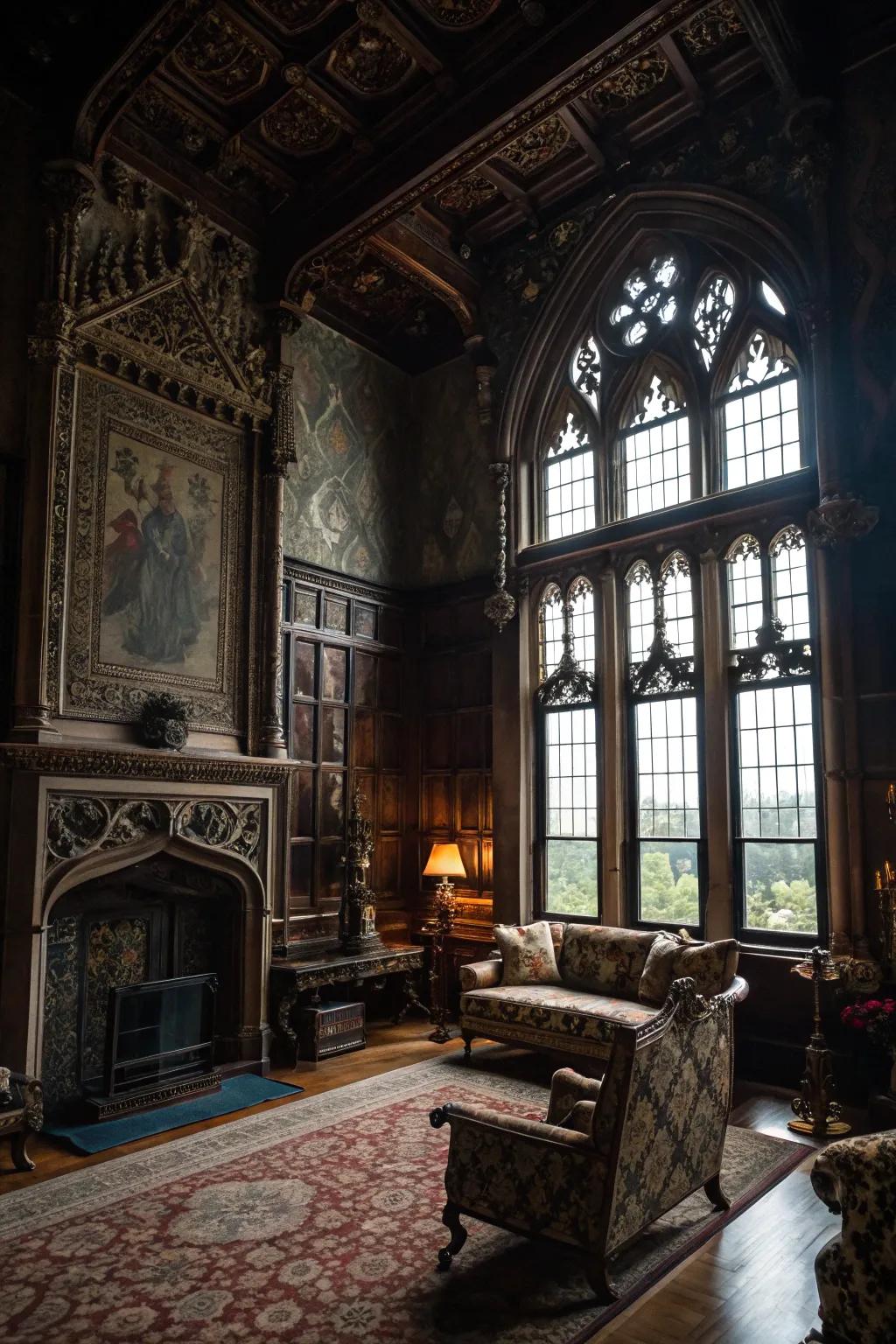 Gothic accents add a mystical element to the decor.