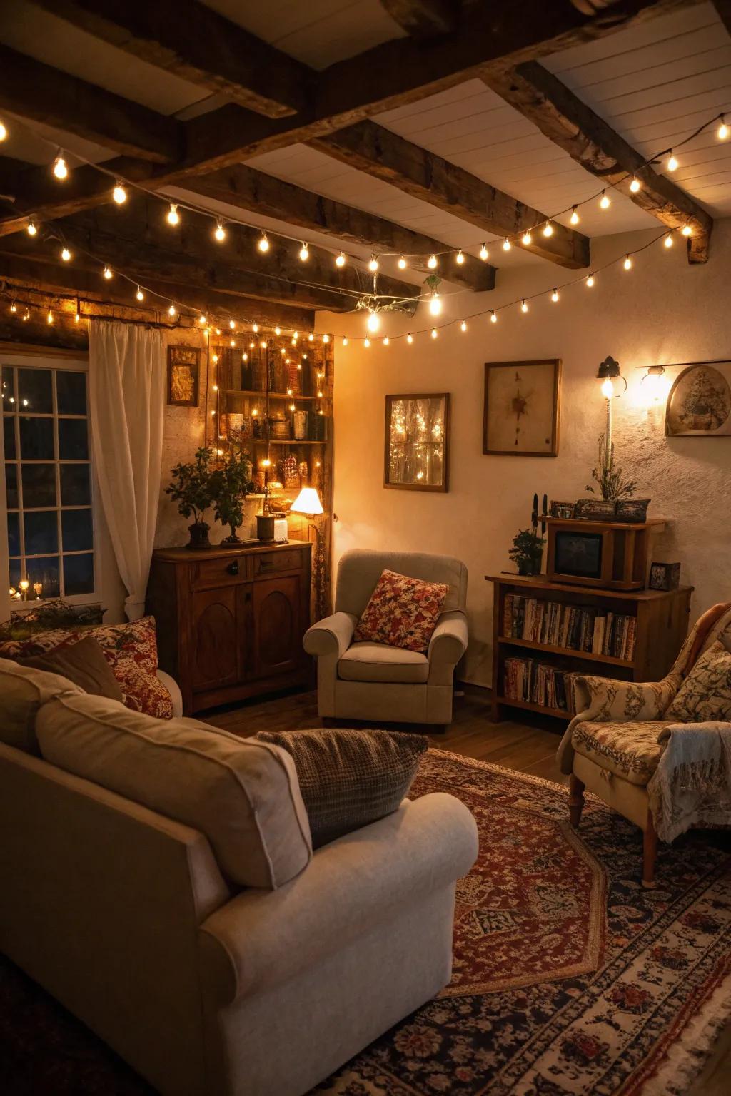 Affable illumination fashions an inviting vintage festive atmosphere.