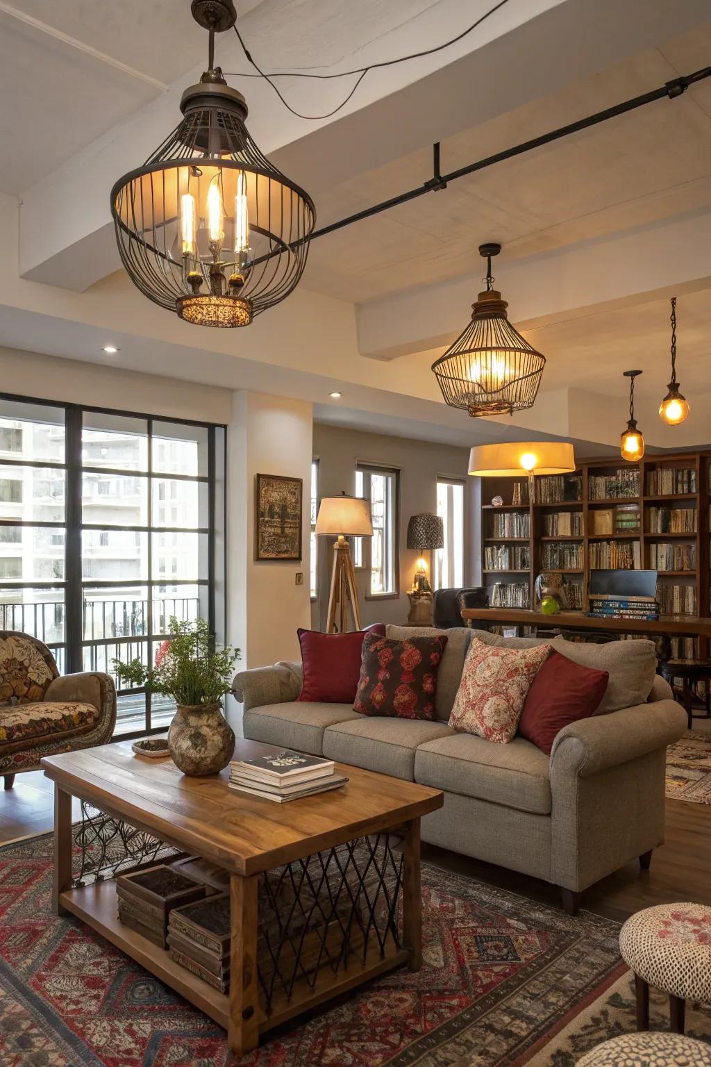 Illumination that combines old and new designs enhances the room's ambiance.