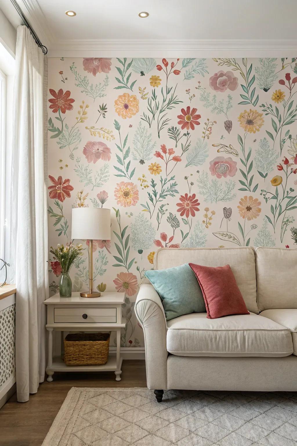 Floral wall coverings introduce a hint of romance.