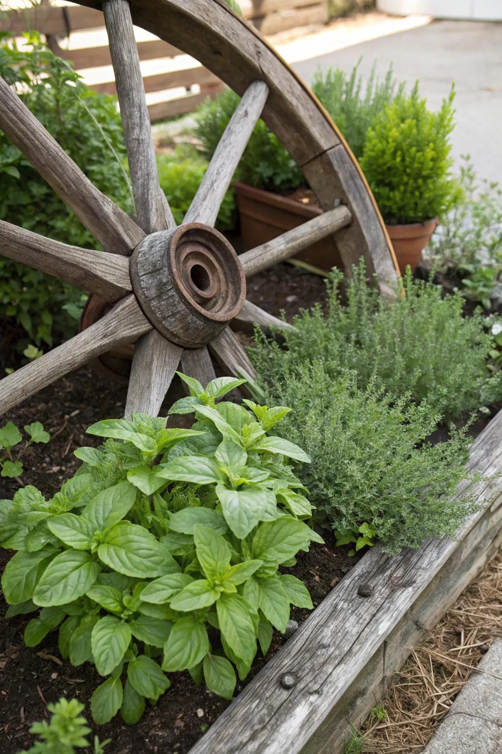 A cartwheel arranging an herb plot into tidy sections for effortless access.