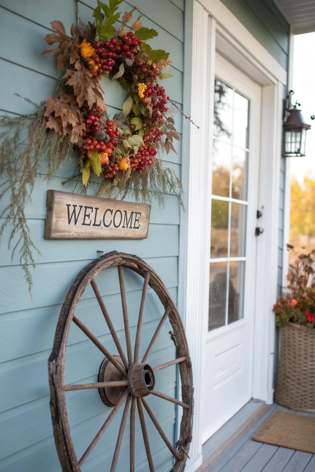 A wreath turns a cart wheel into a pleasant welcome sign.