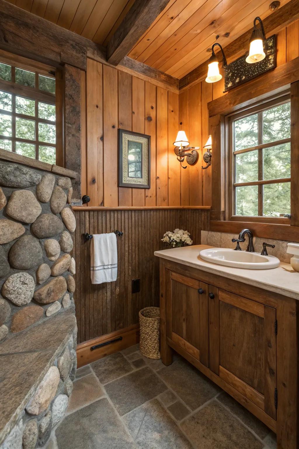 Wood paneling converts your bathroom into an outdoorsy escape.