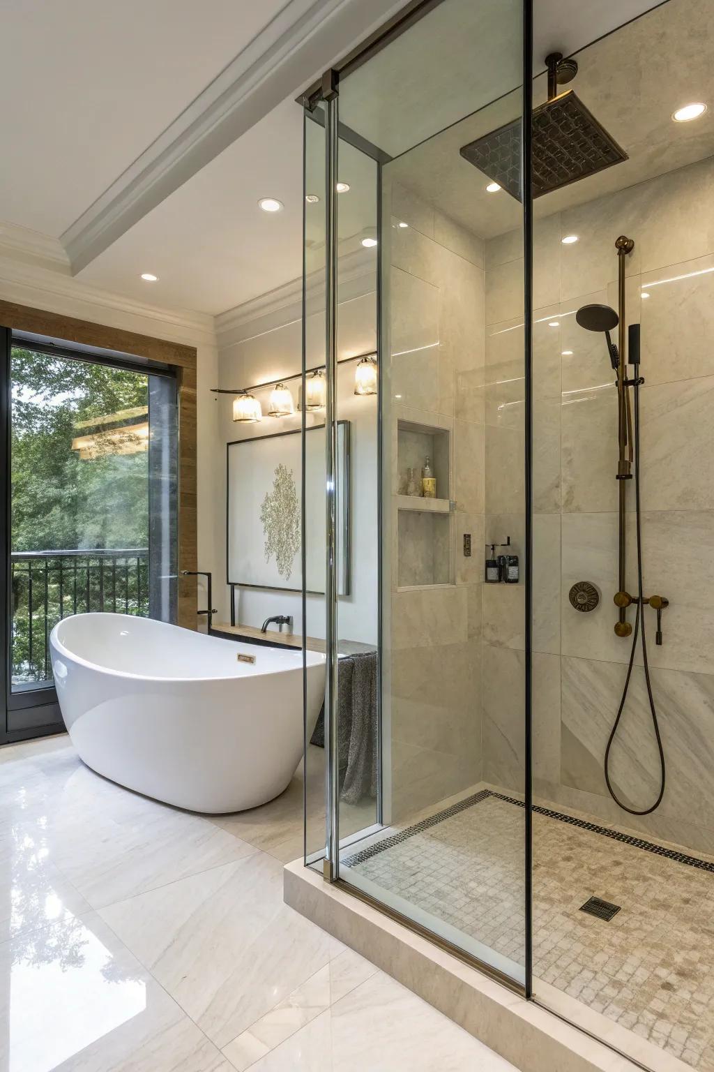 A luxurious arrangement with an integrated tub inside the walk-in shower.