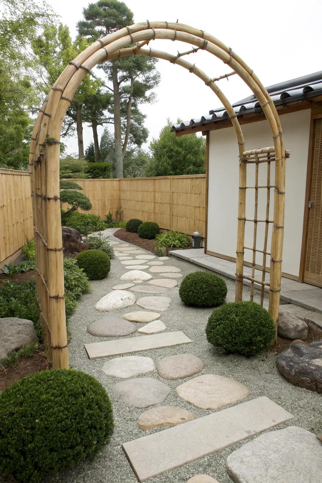Bamboo arches contribute an exotic, zen-like ambiance to garden environments.