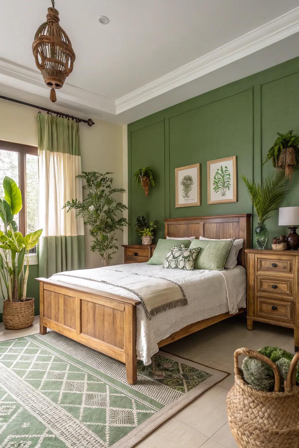 Serenity and calm featuring verdant walls and cream trim.