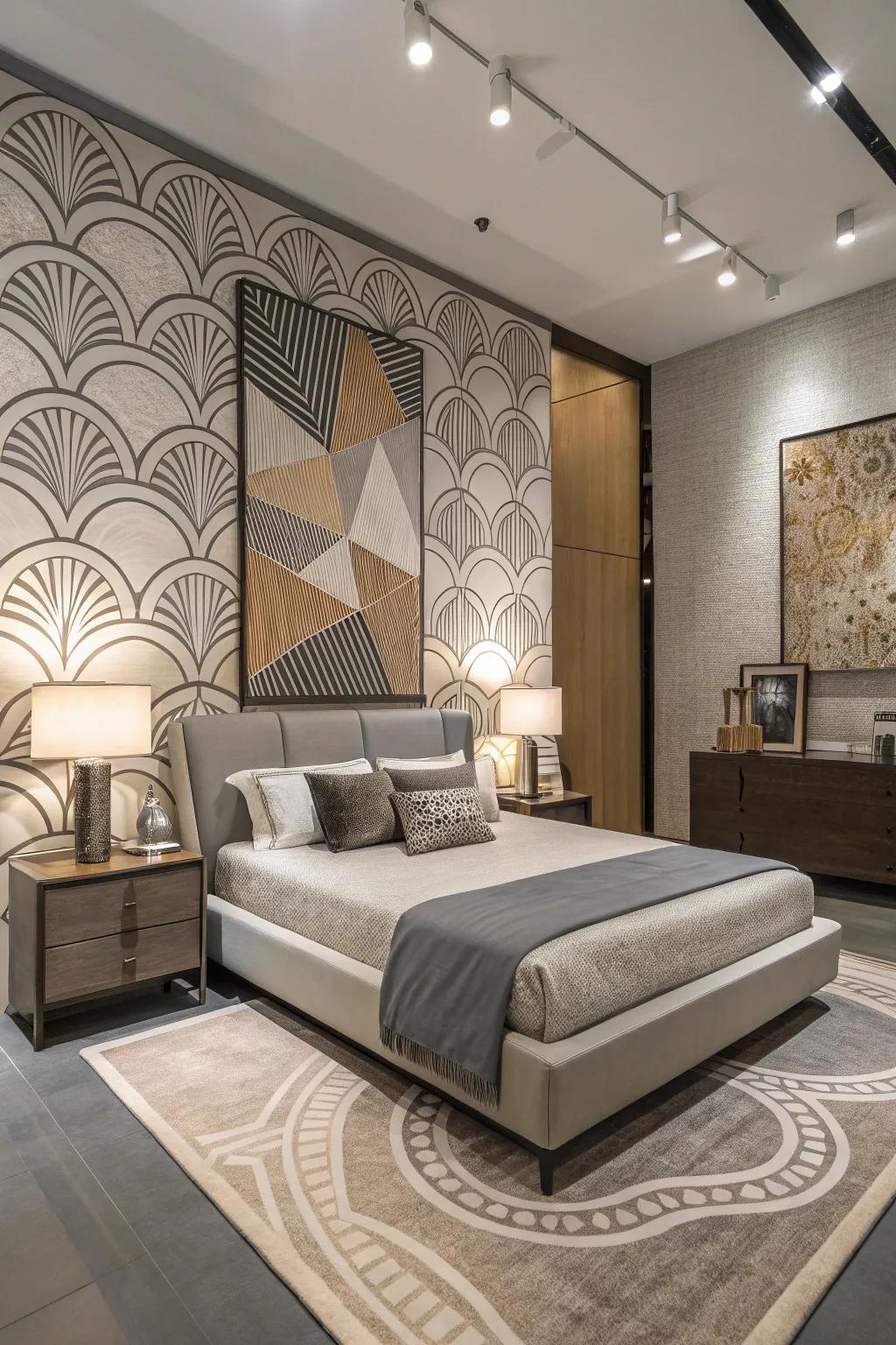 Non-representational appliqués give this stylish bedroom a modern flair.