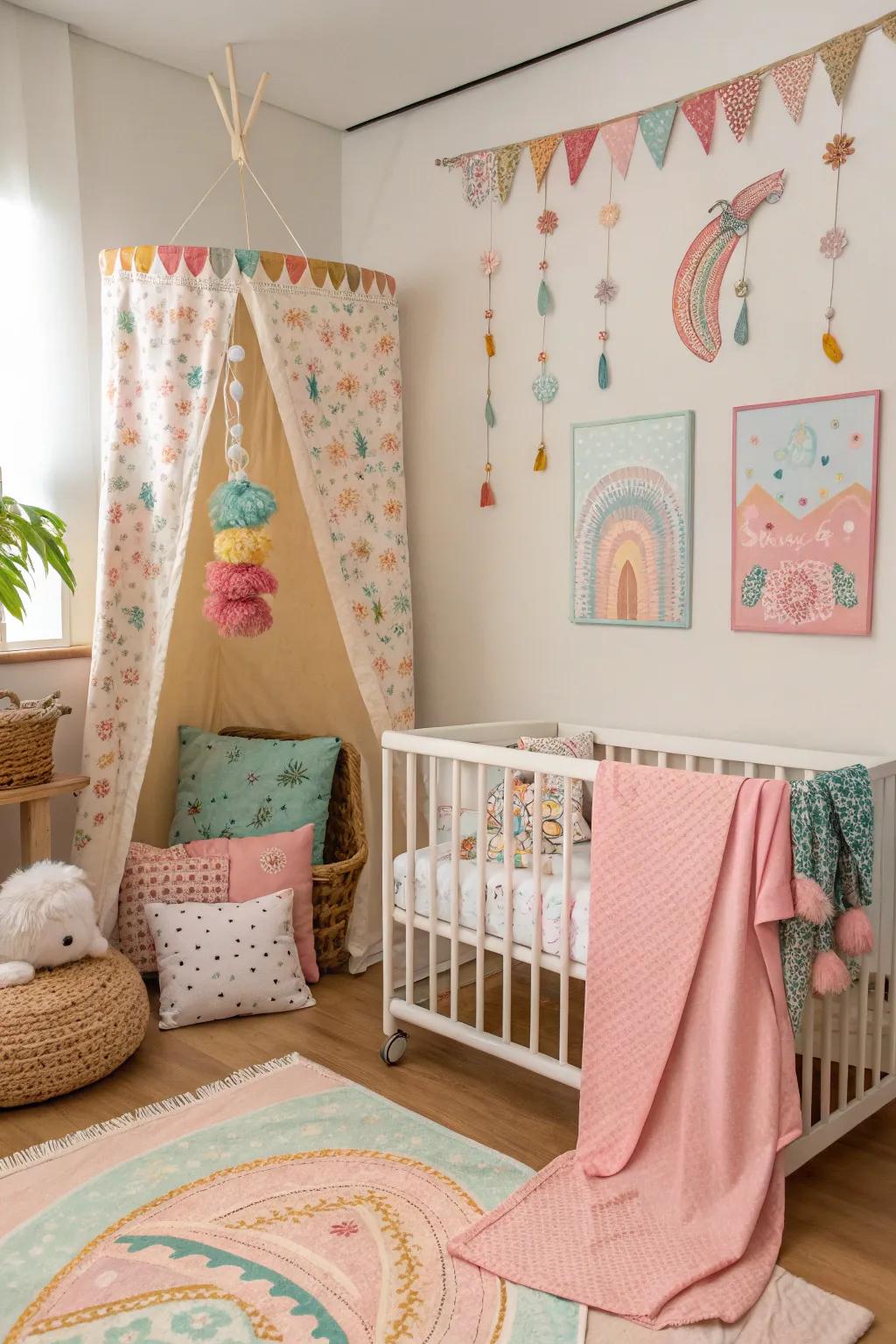 Fabric hangings brighten a room with soft color.