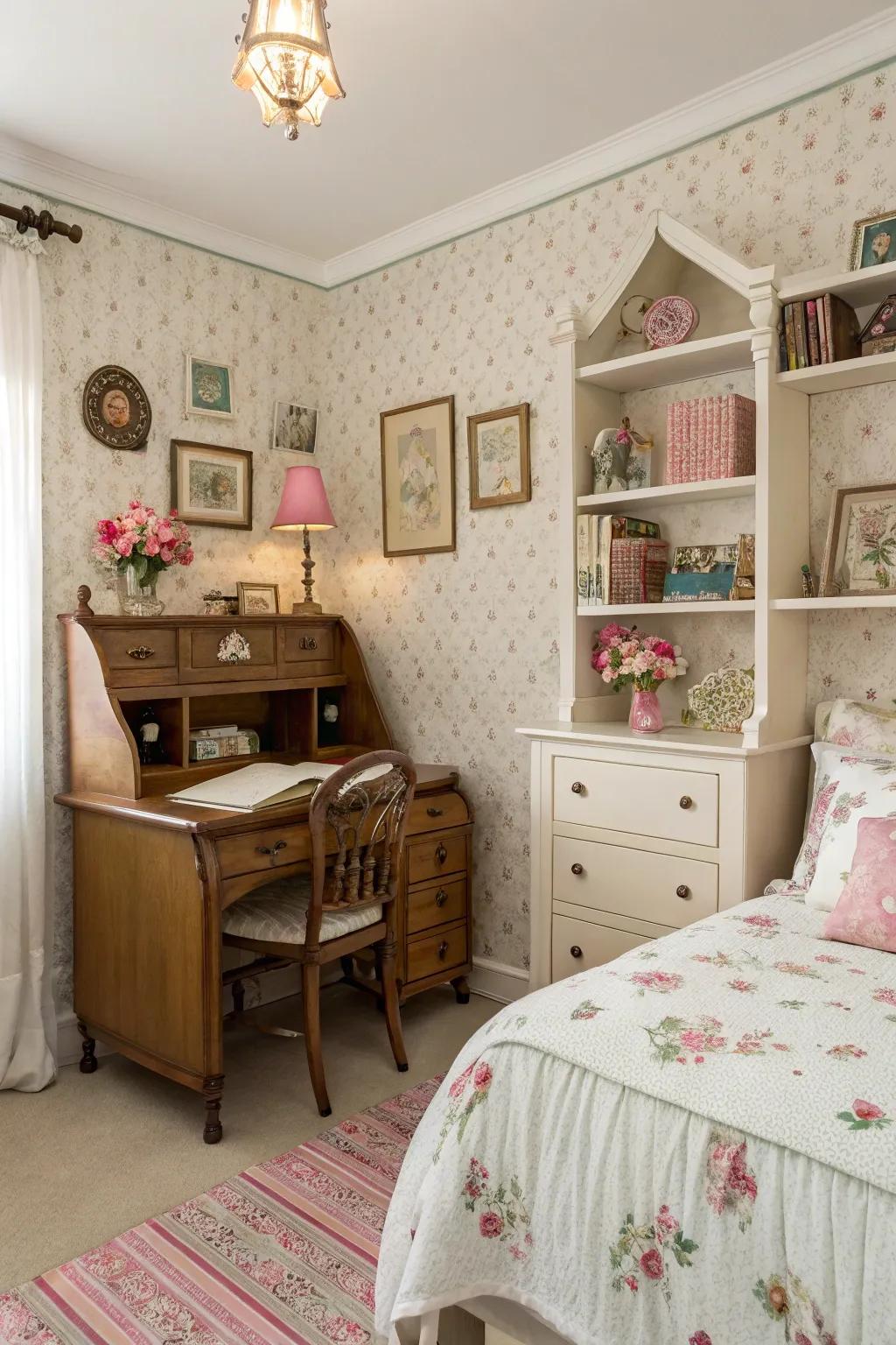 Vintage charm introduces warmth and nostalgia to a girl's space.