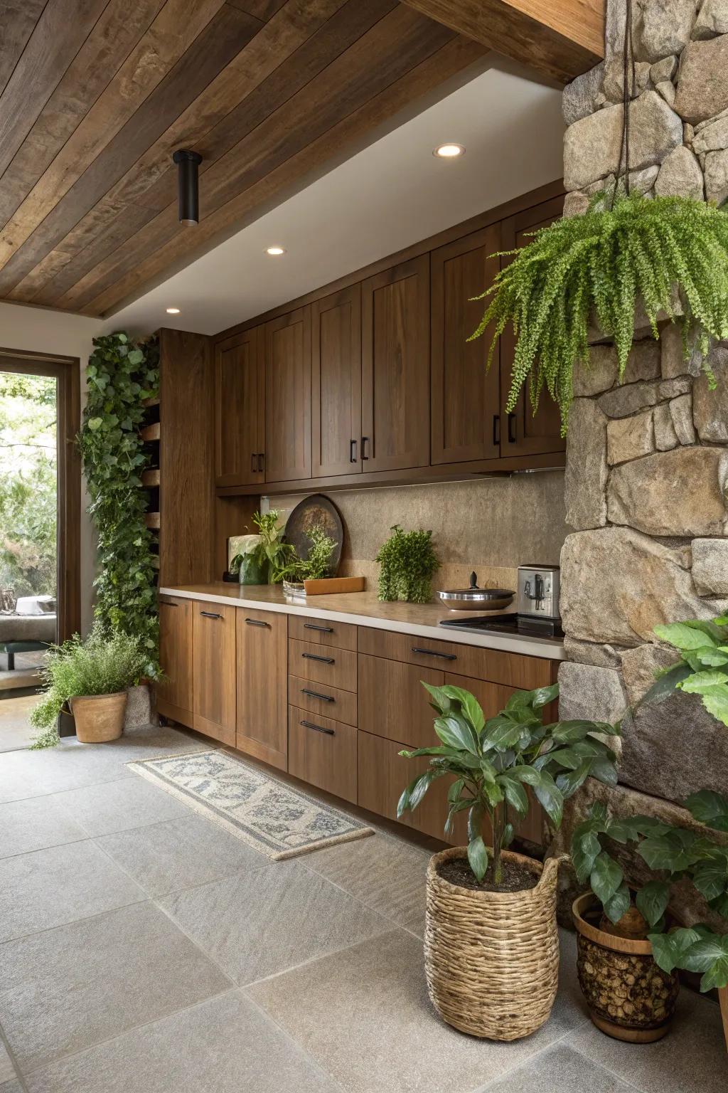 Natural elements enhance the warmth of walnut cabinets.