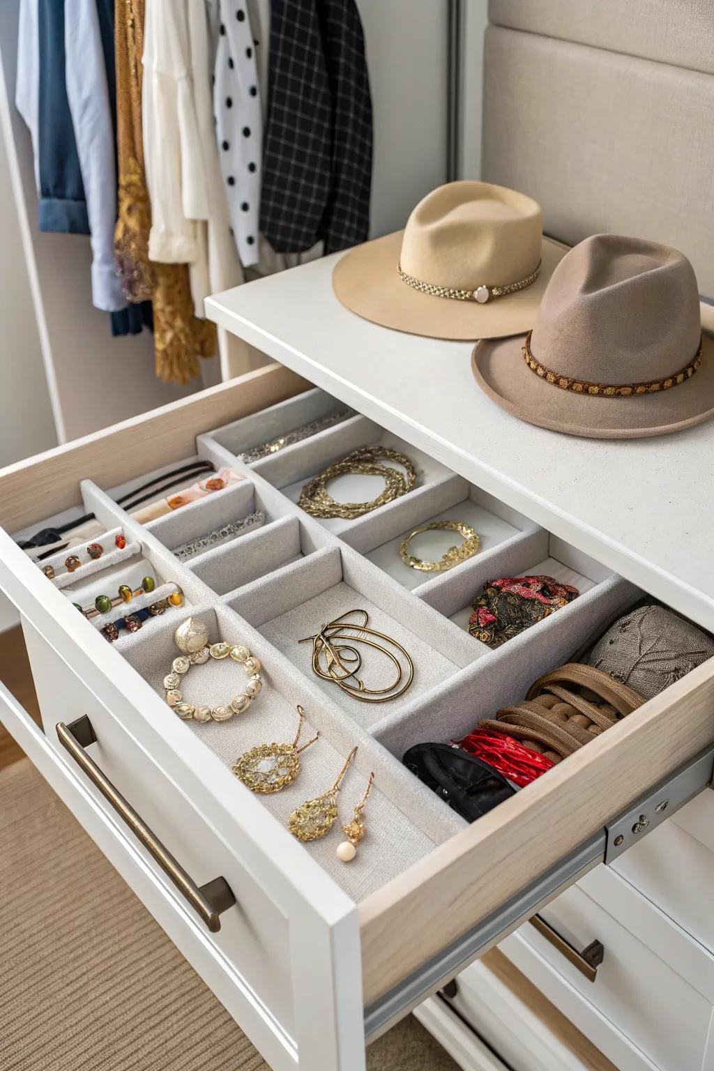 Drawers offer organized storage for essential wardrobe items.
