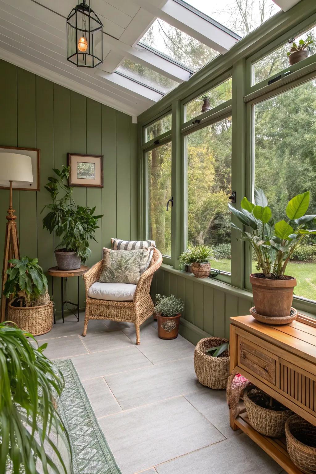 Sunroom painted in rich forest green, presenting a cozy nature-inspired getaway.