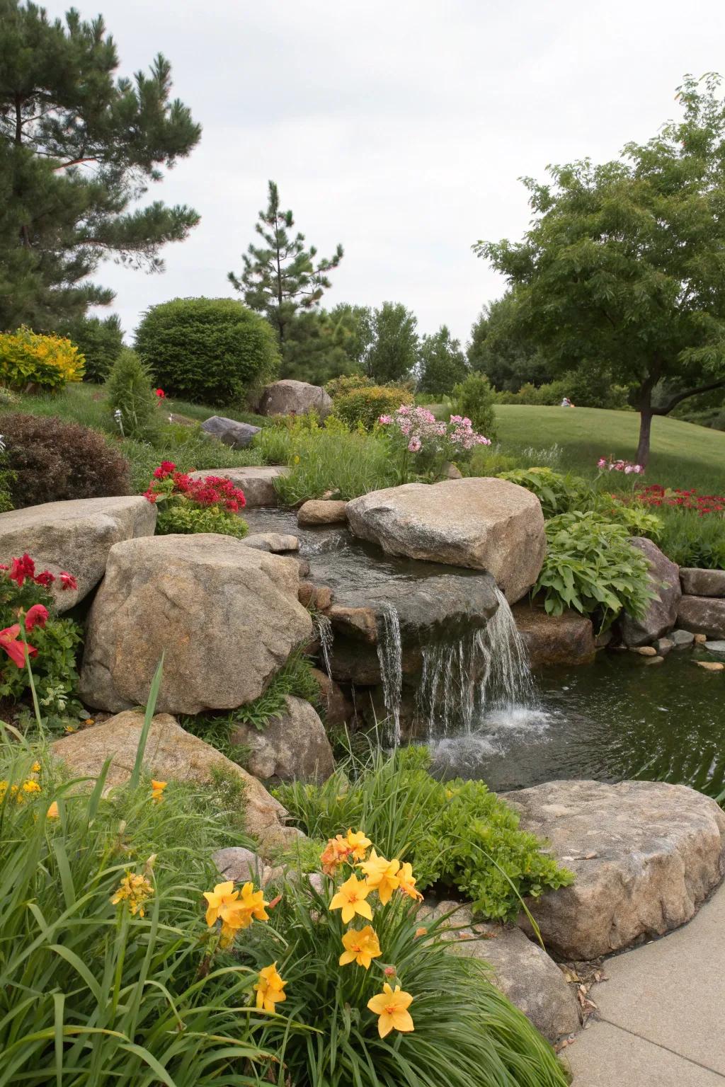 A stone fountain conveys the melody of nature to your garden.