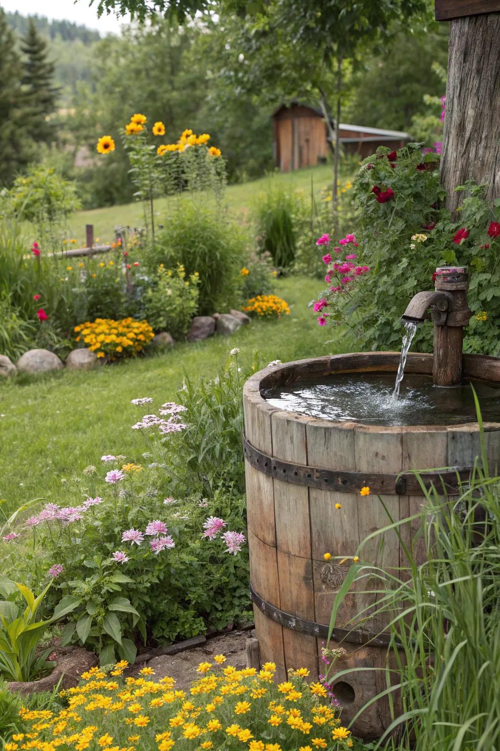 Rustic cask fountains add an endearing touch to country-style gardens.