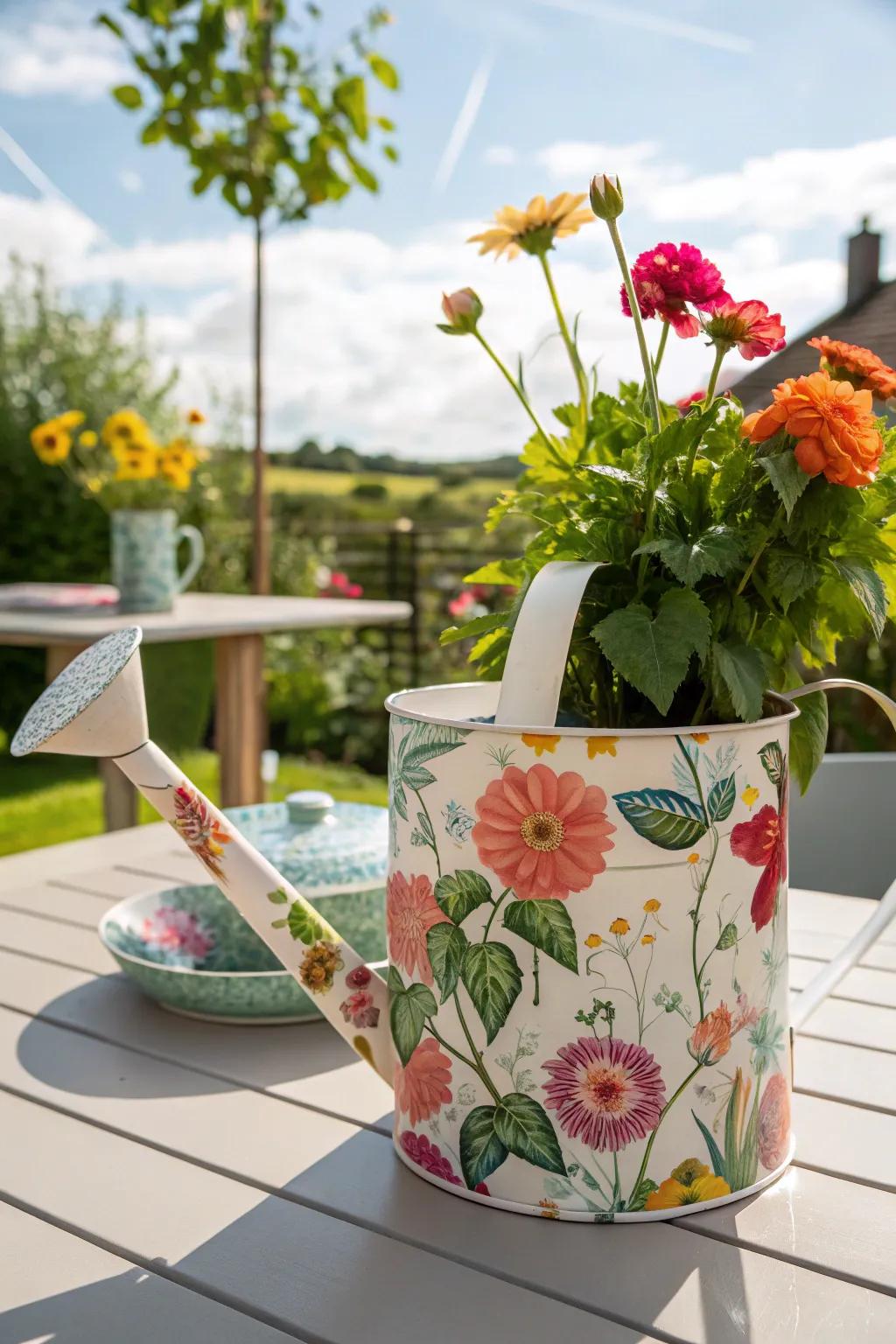 A watering can adorned with paper crafting floral motifs.