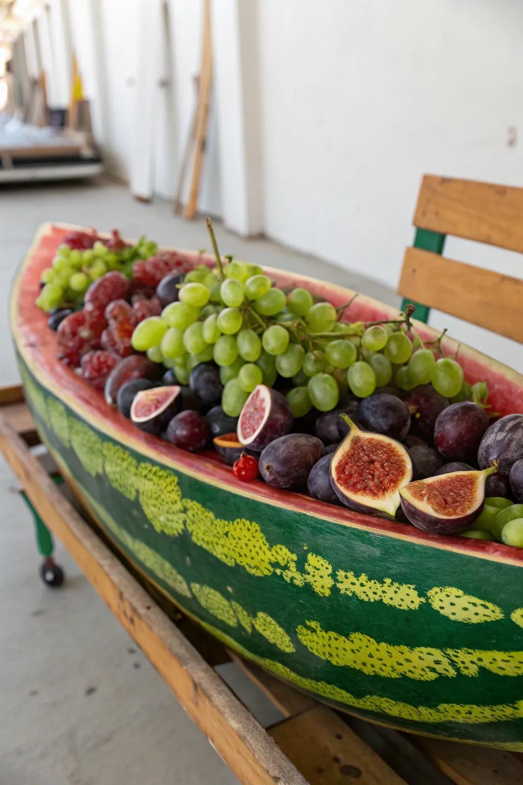A romantic watermelon gondola filled with opulent fruits.