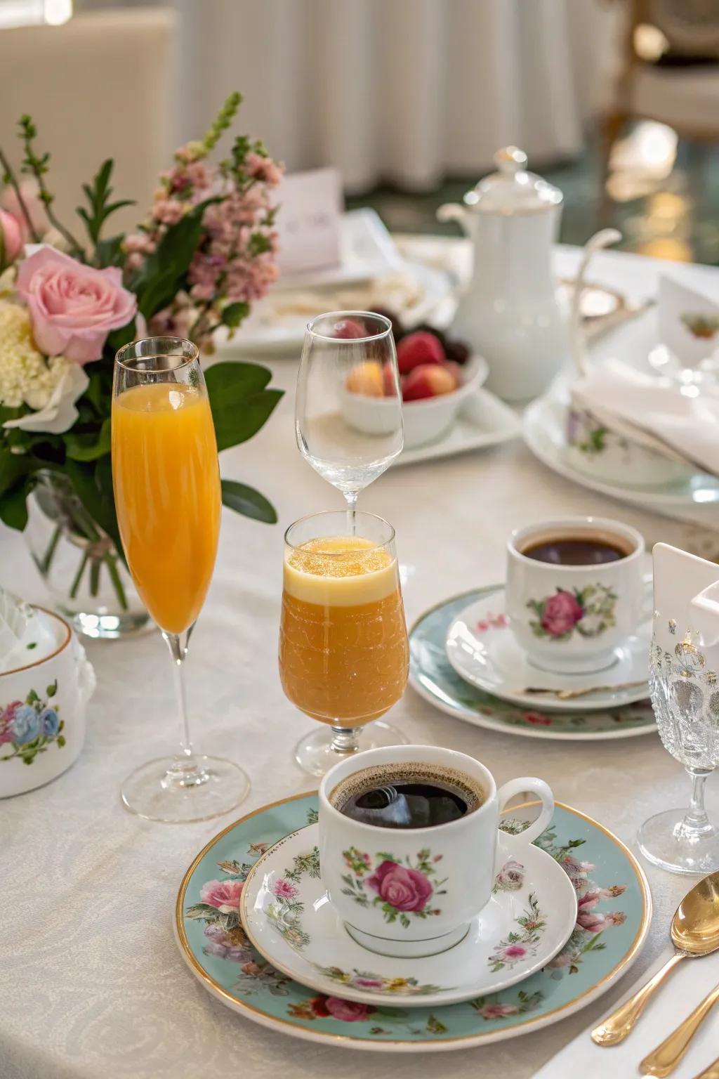 A revitalizing collection of beverages attractively presented for a wedding breakfast.