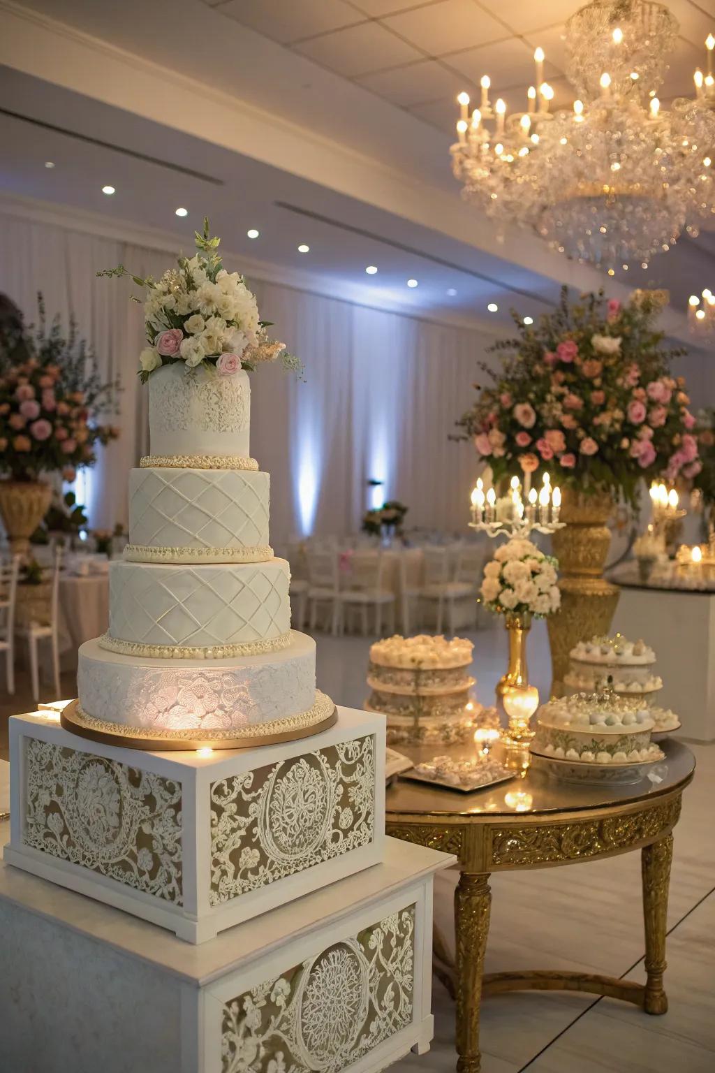 A wedding cake elegantly showcased on ornamental podiums.
