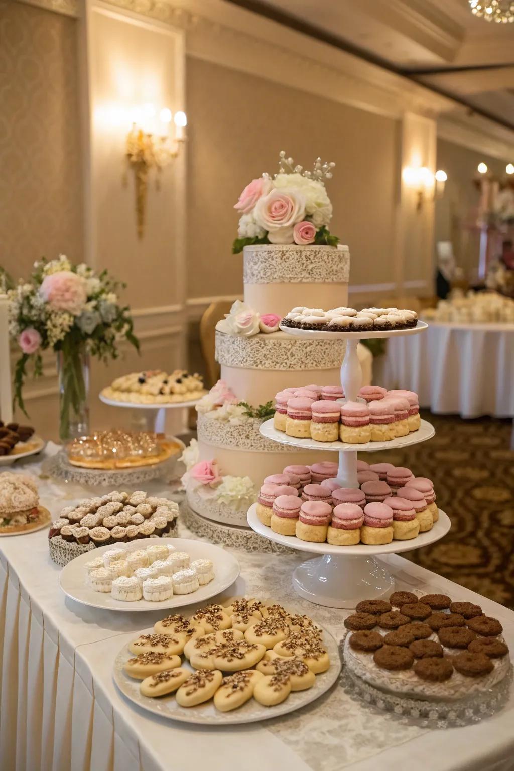 A wedding cookie display with varying elevations for an engaging presentation.