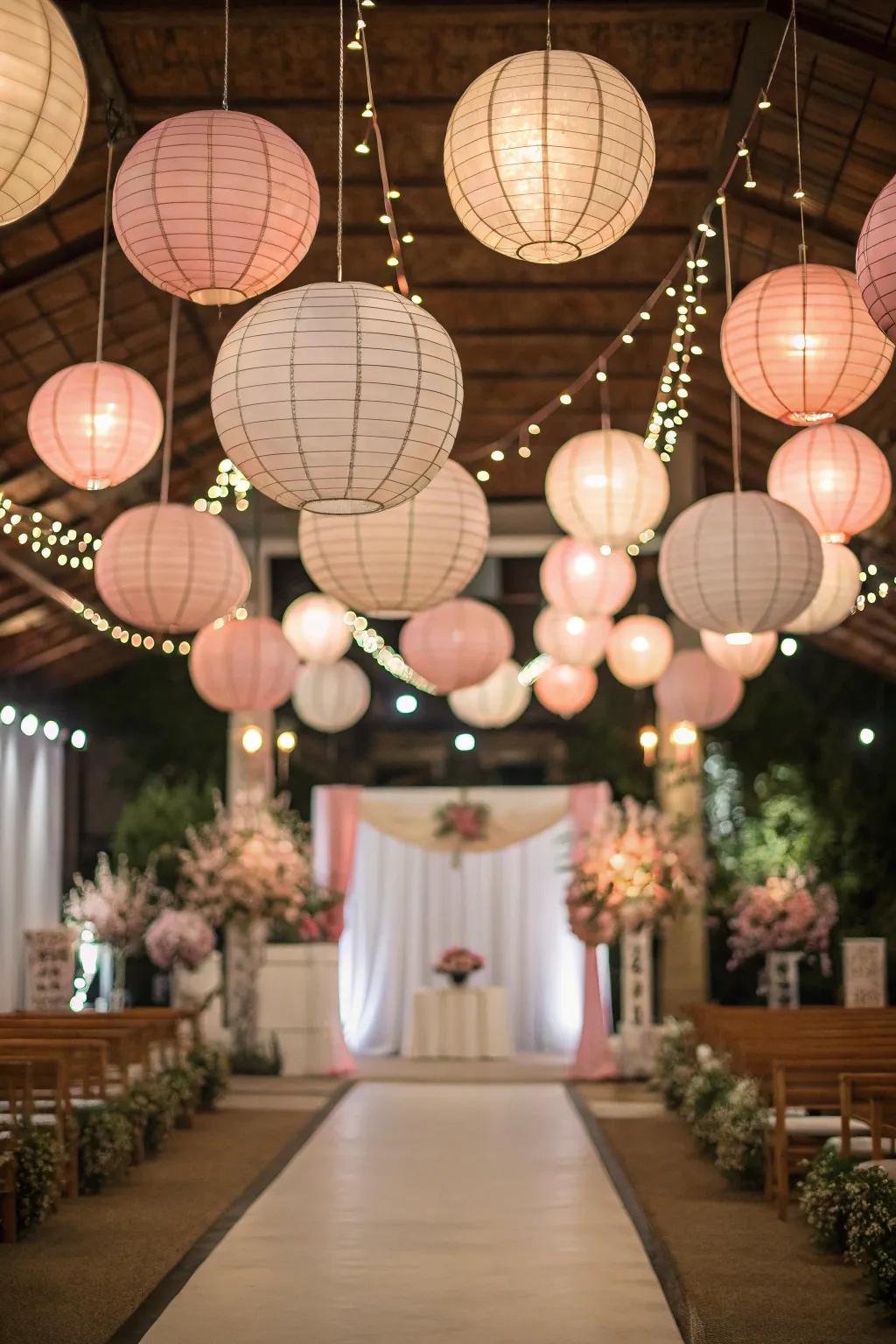 A wedding venue adorned with playful paper globes, adding a joyful detail.