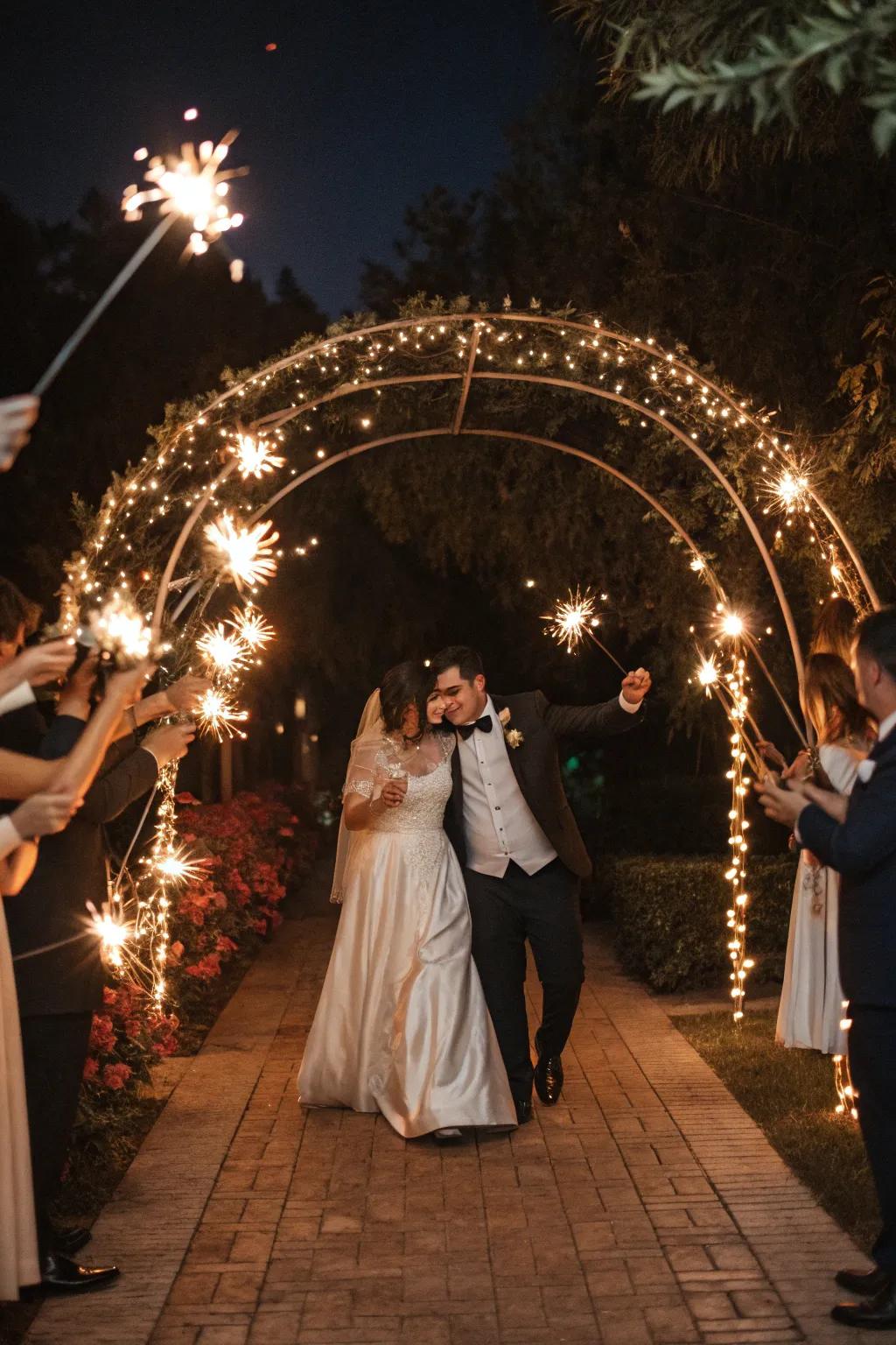 Guests create a sparkling tunnel, lighting the way for the wedding couple's entrance.