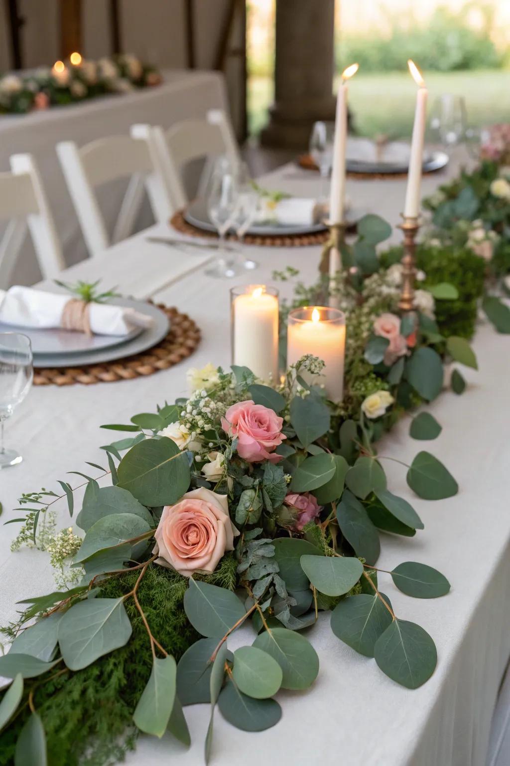 Luxurious dining adornments with eucalyptus and roses