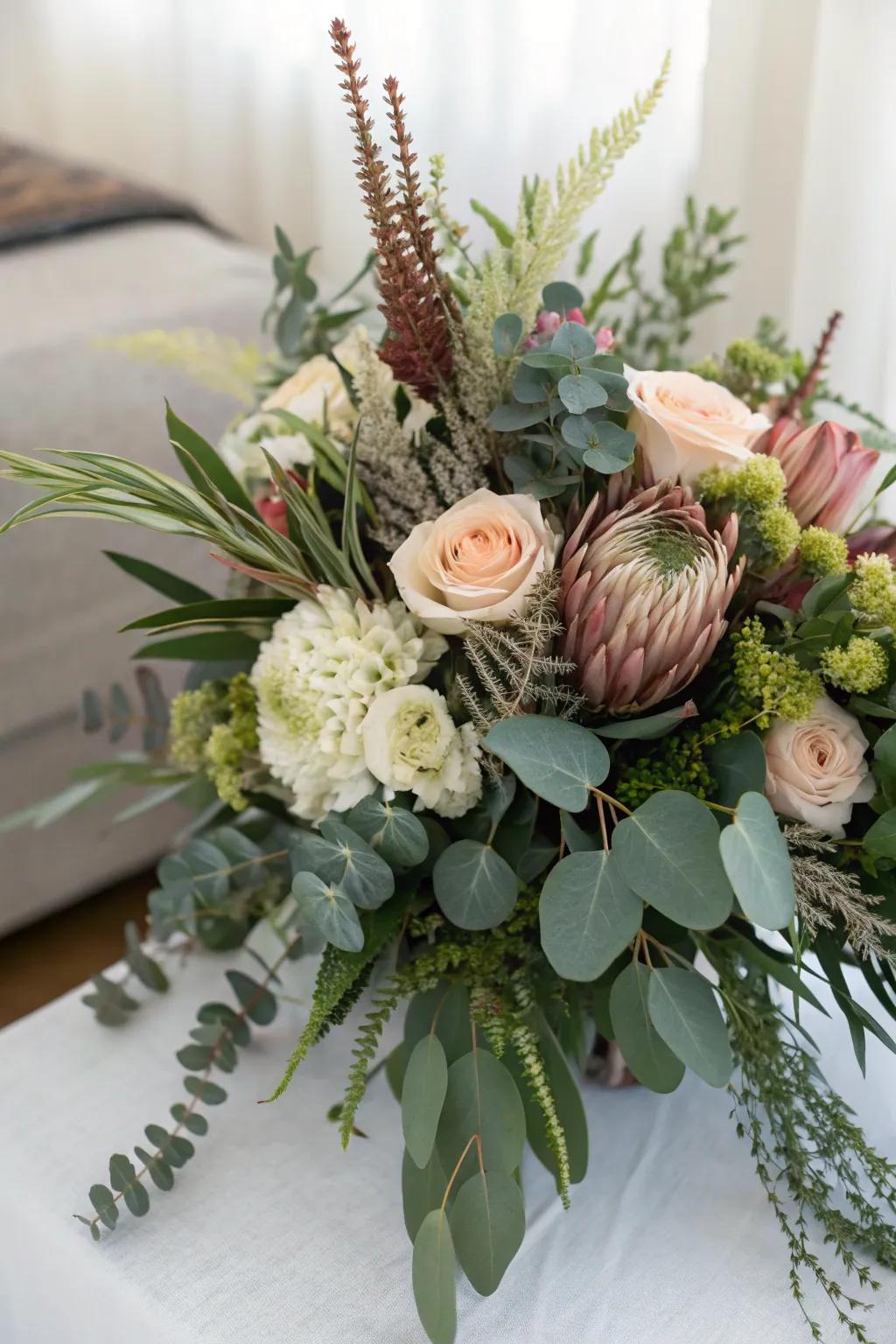 A textured floral design featuring greenery and foliage, adding depth and richness to the wedding décor.