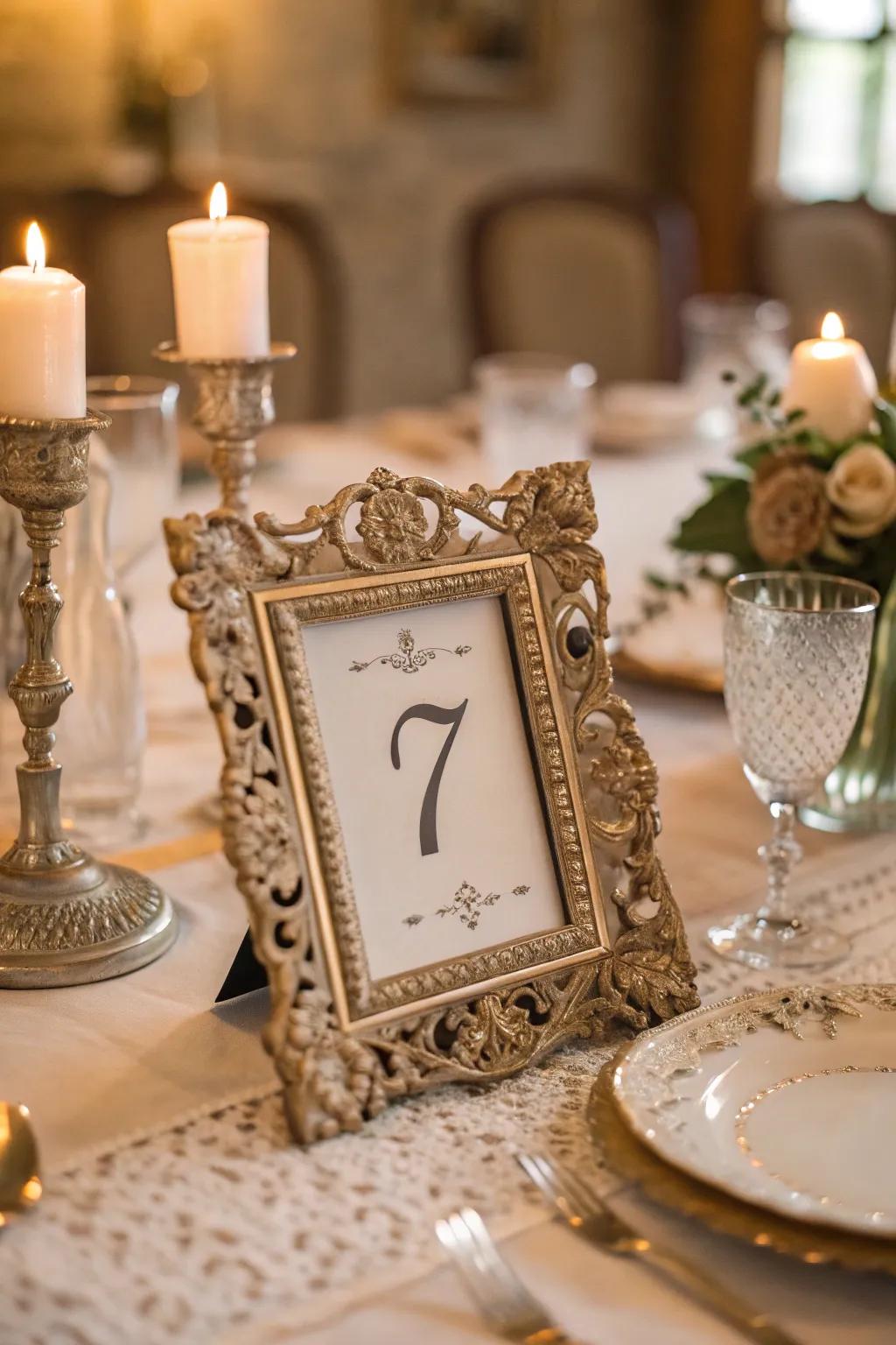Antique frames impart a nostalgic charm to your wedding tables.