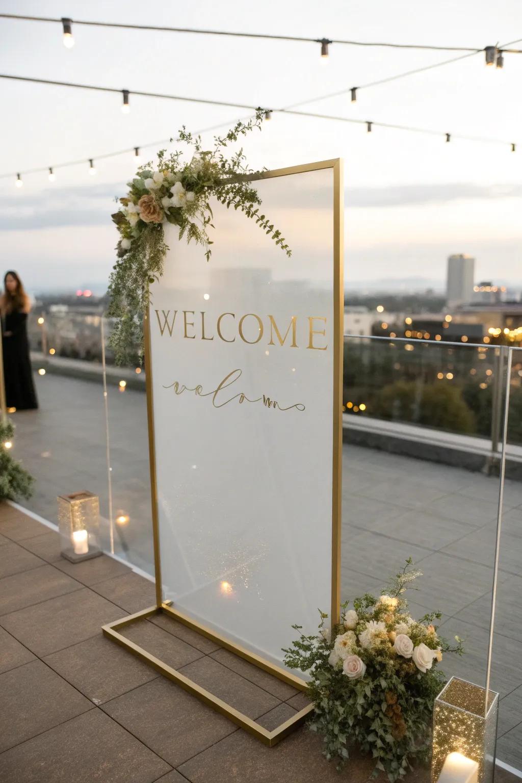 A clean minimalist clear welcome board featuring gilded detailing, suitable for a rooftop wedding.