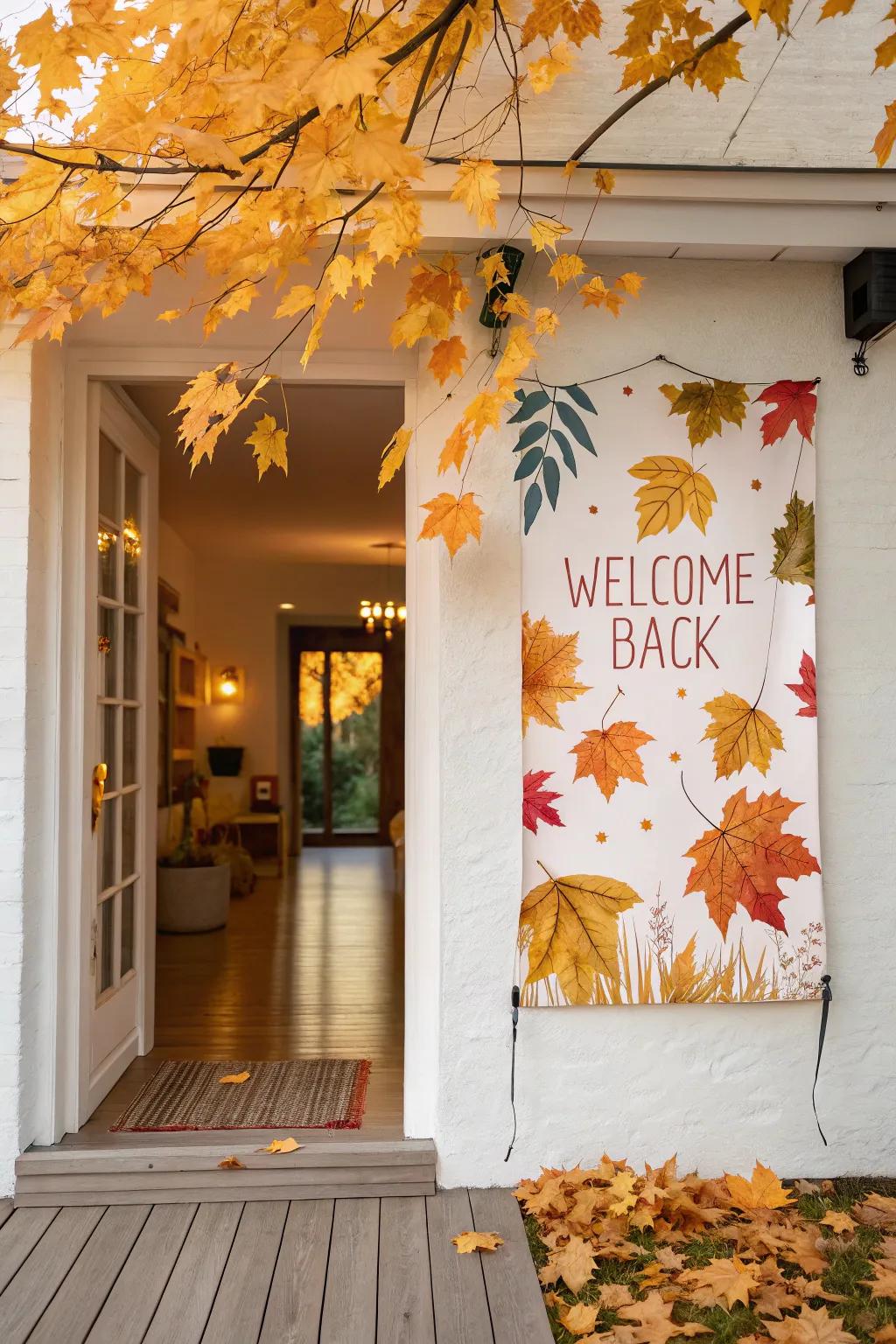 A festive autumnal-themed poster welcomes guests in the entryway.