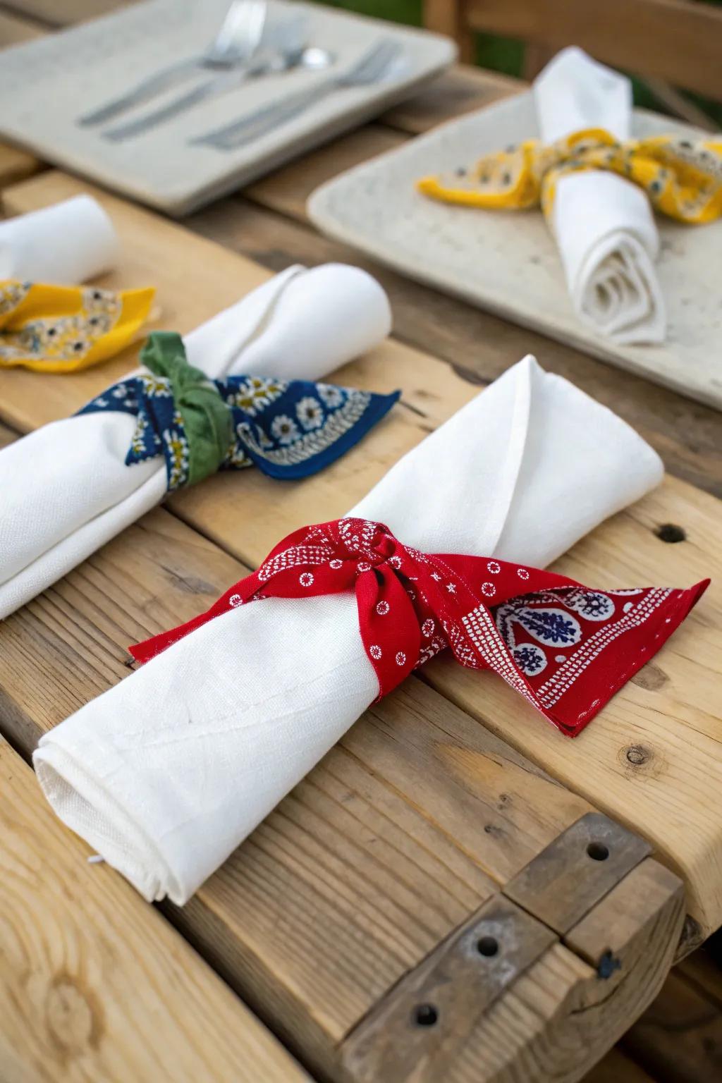 Scarf napkin rings add a playful touch to dining displays.