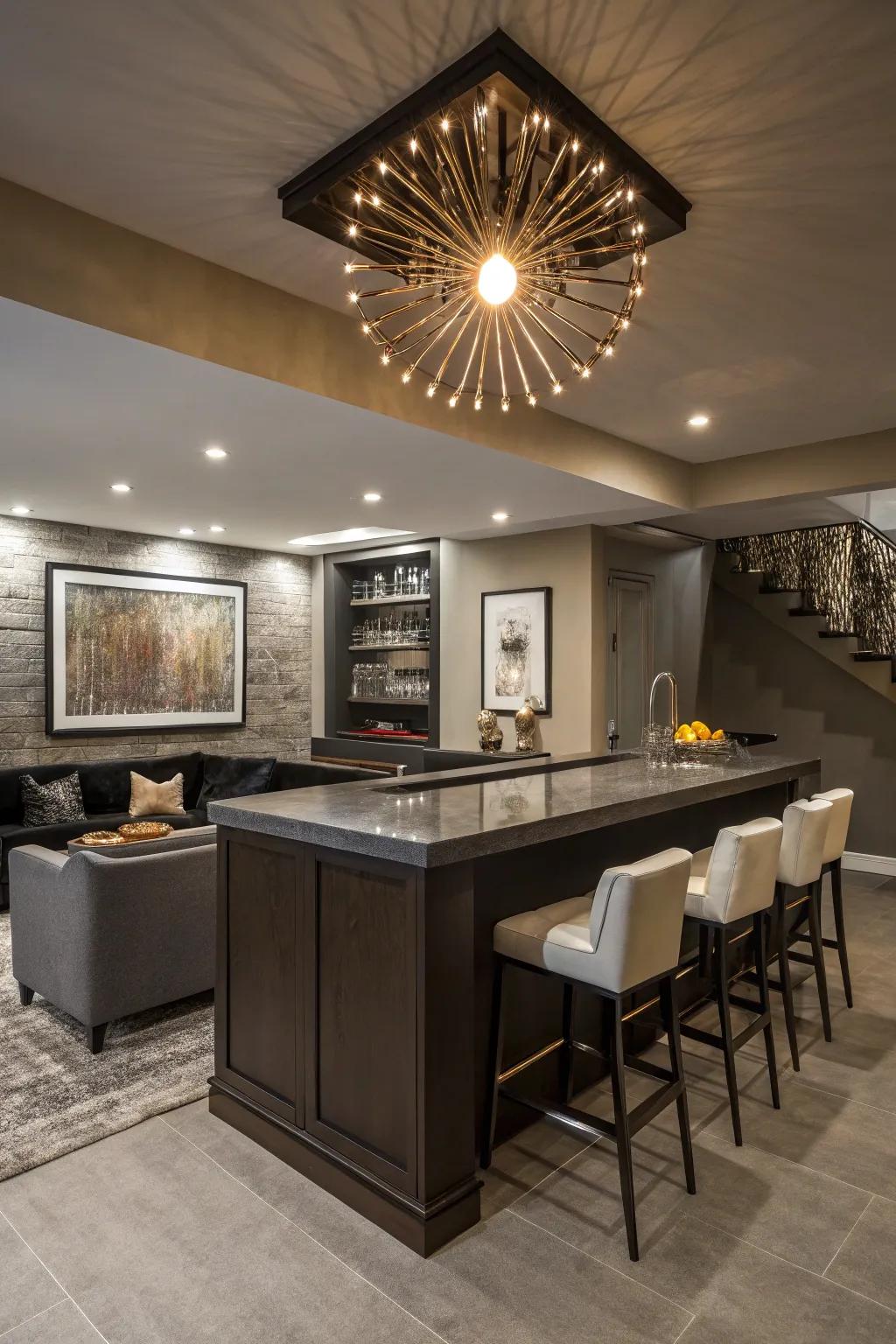 Statement lighting can transform your wet bar into an elegant and inviting space.