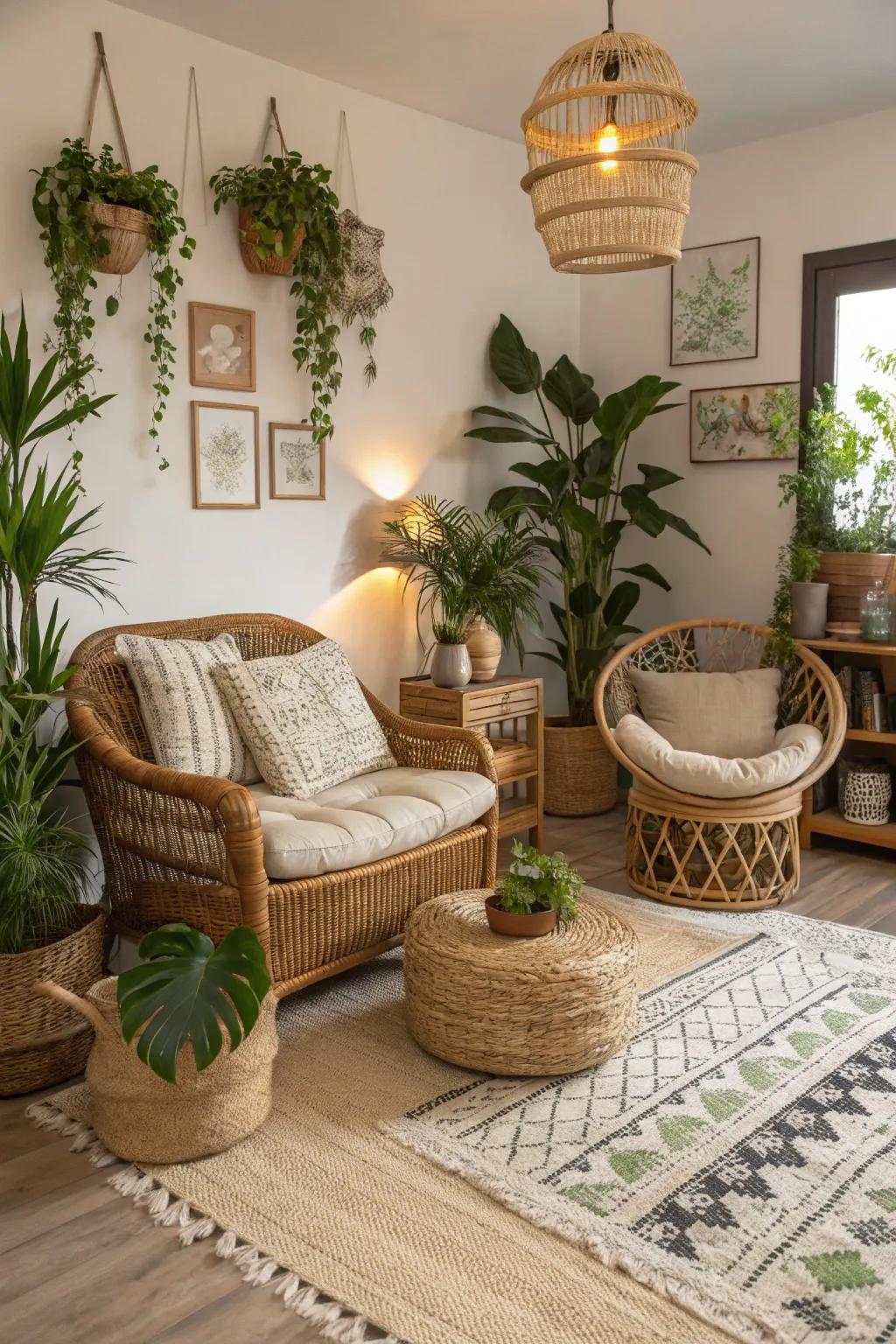 Living area highlighting woven components and boho styling.