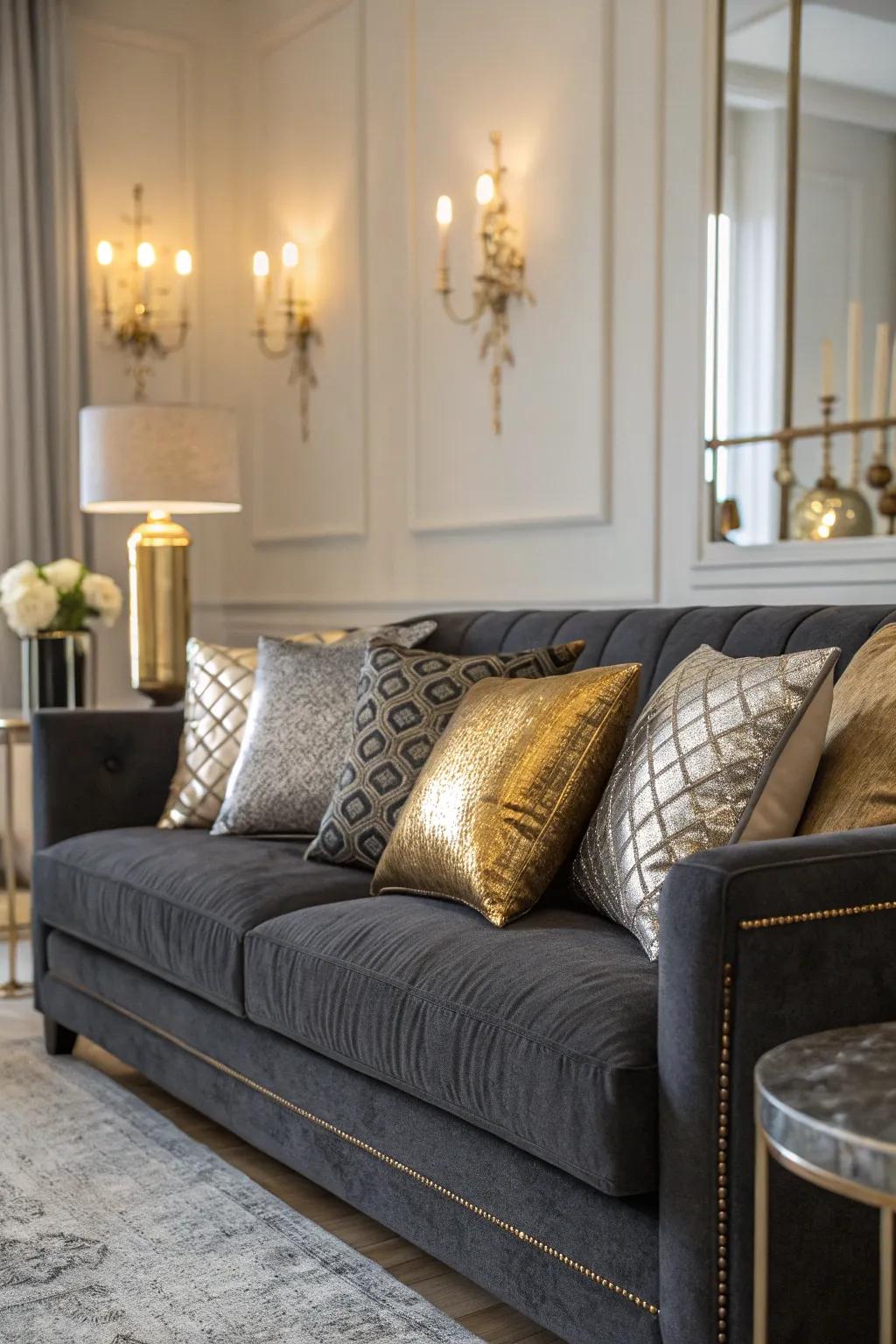 Metallic pillows add a luxurious touch to the dark grey couch.