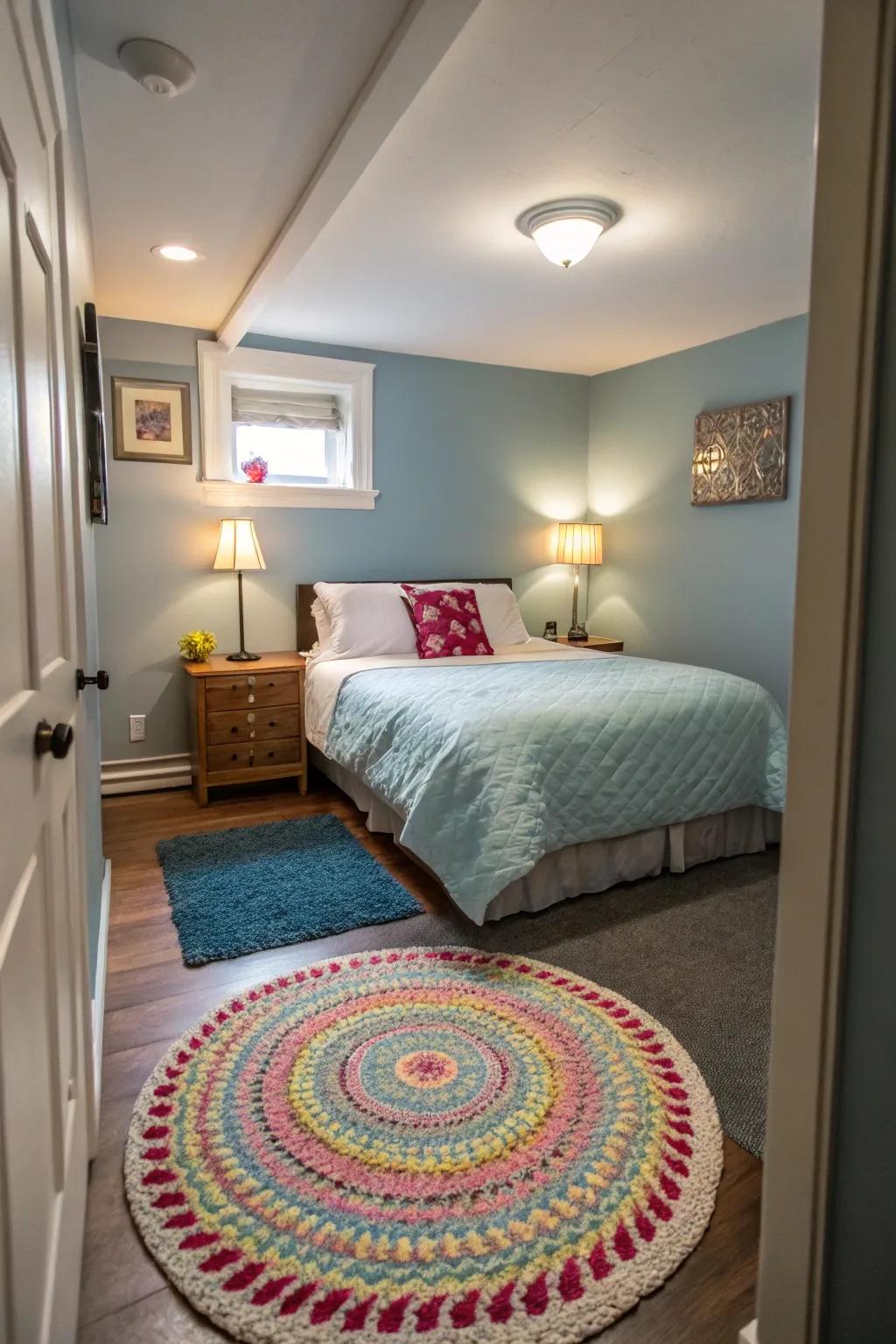 A circular rug delivers an eclectic and lively charm to a slender bedroom area.
