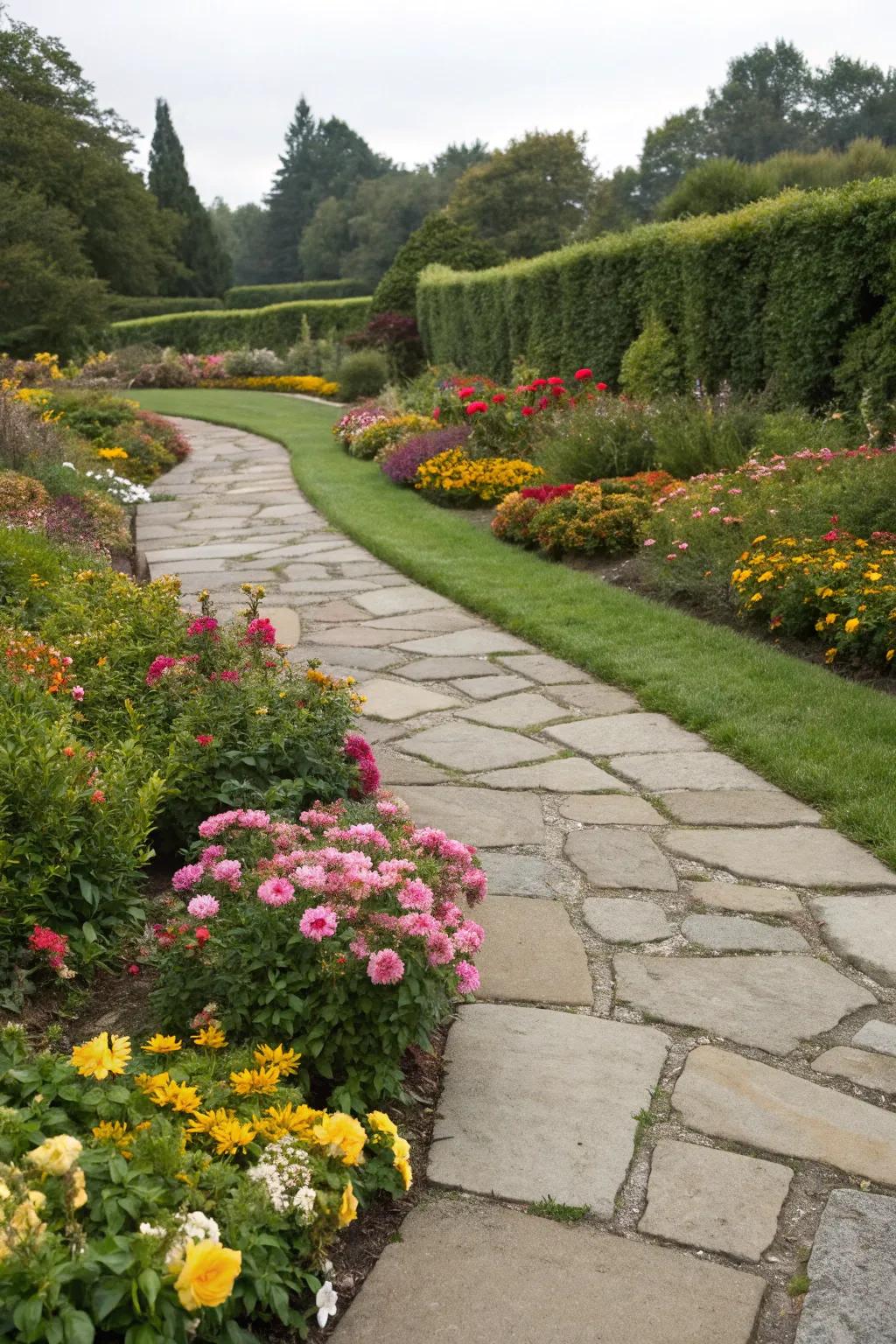 Garden borders inject color and clarity into a flagstone path.