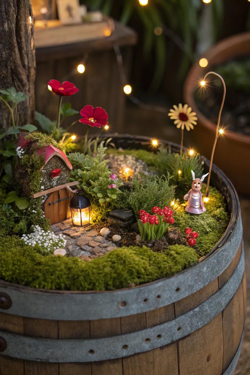 An enchanting pixie garden illuminated with minute LED lights.