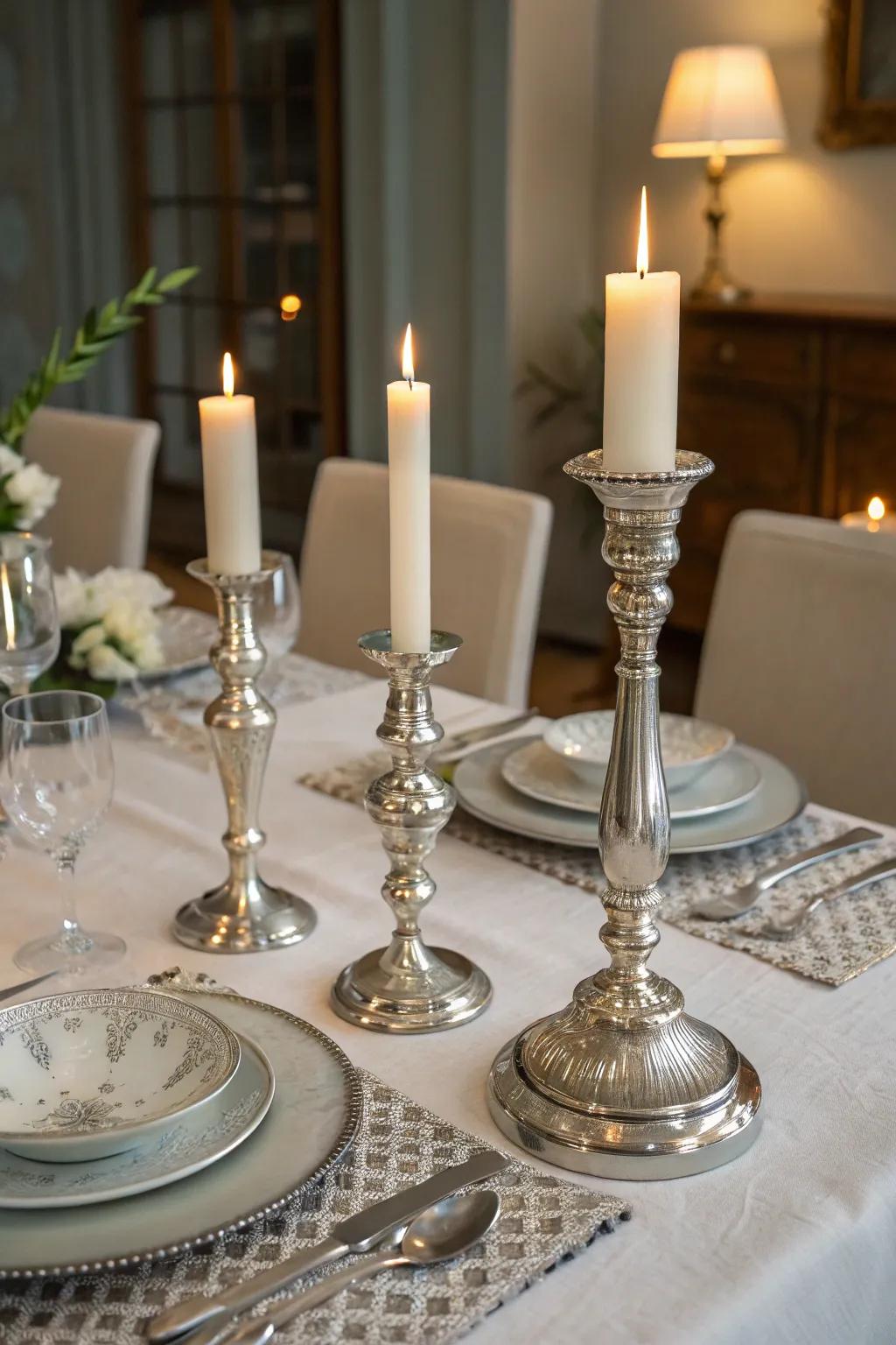 Produce a warm ambiance using candle stands and white candles.