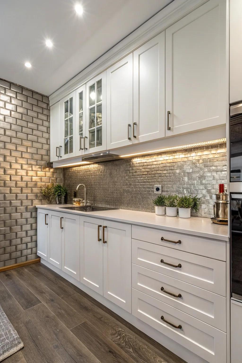 Shiny tiles delivering a modern flair to white cabinets.