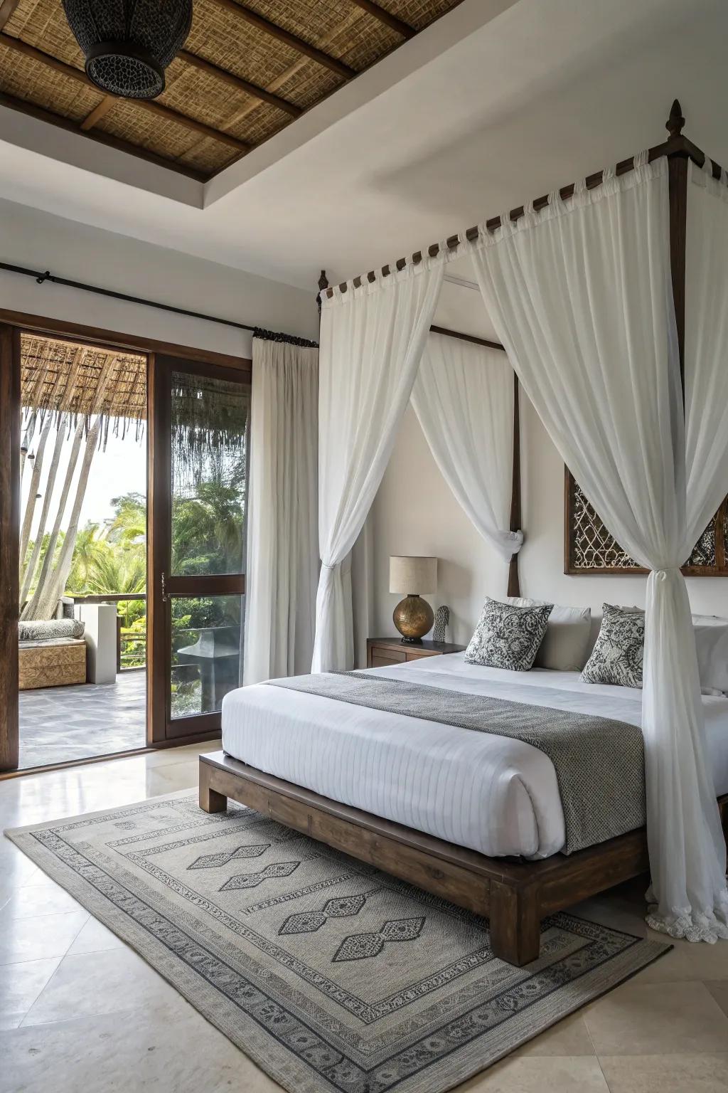 A harmonious blend of modern and traditional elements using ivory drapes.