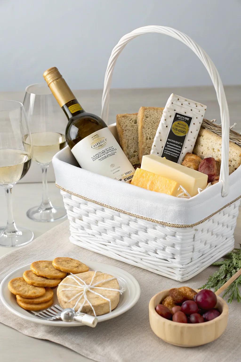 A wine and dine delight white gift basket, ideal for an elegant evening of indulgence.