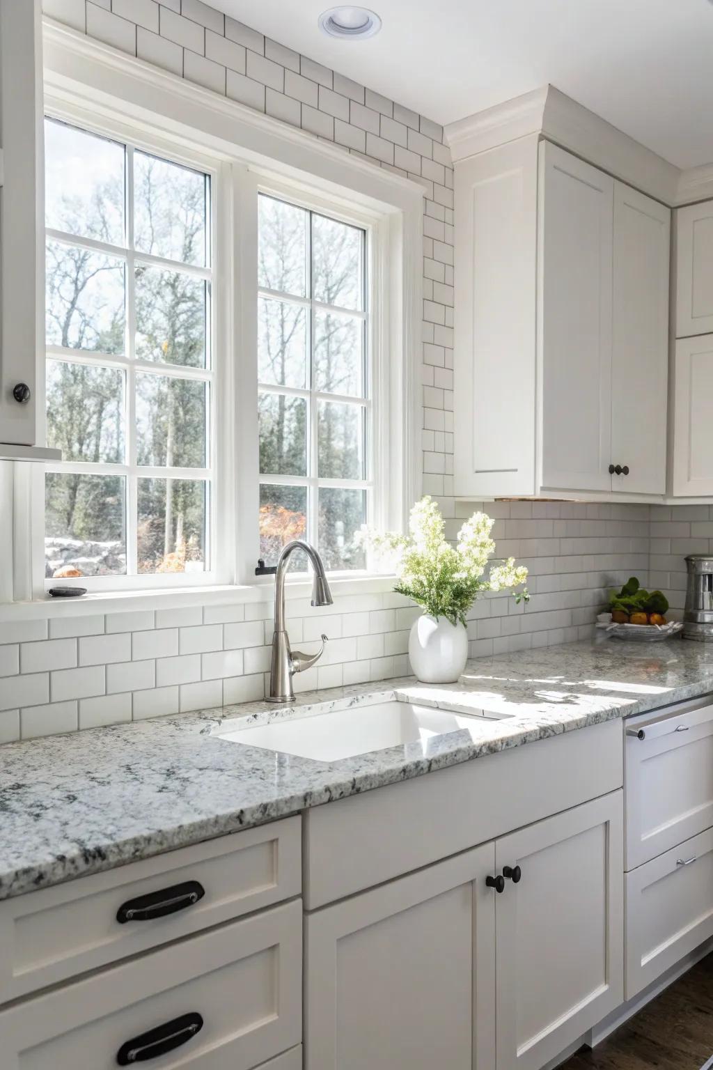 A simple, minimalist layout presenting white ice granite with white cabinetry.