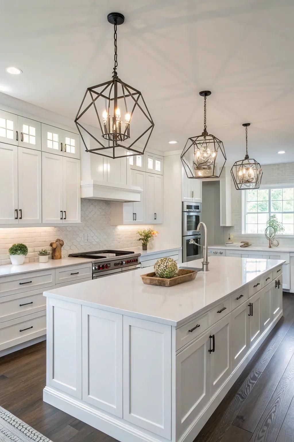 Eye-catching lighting pieces add personality and warmth to the white kitchen.